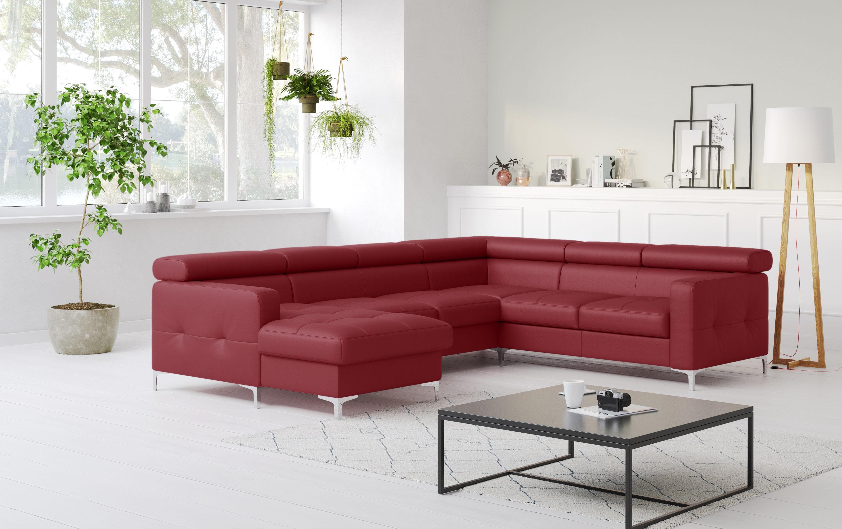 COTTA Sammy U-Form Wohnlandschaft Rot NaturLEDER mit Bettfunktion