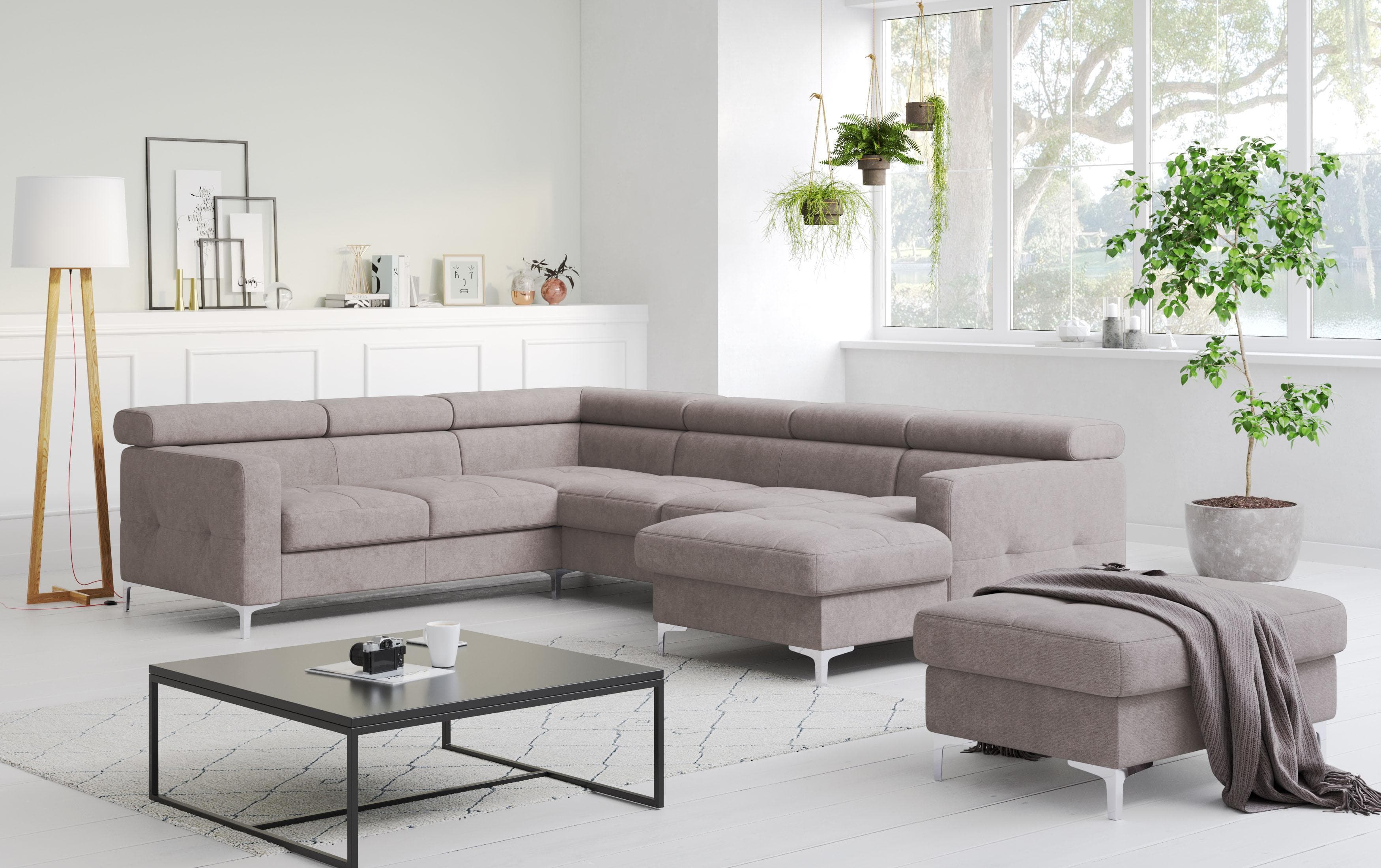 COTTA Wohnlandschaft Sammy U-Form Grau NaturLEDER mit Bettfunktion
