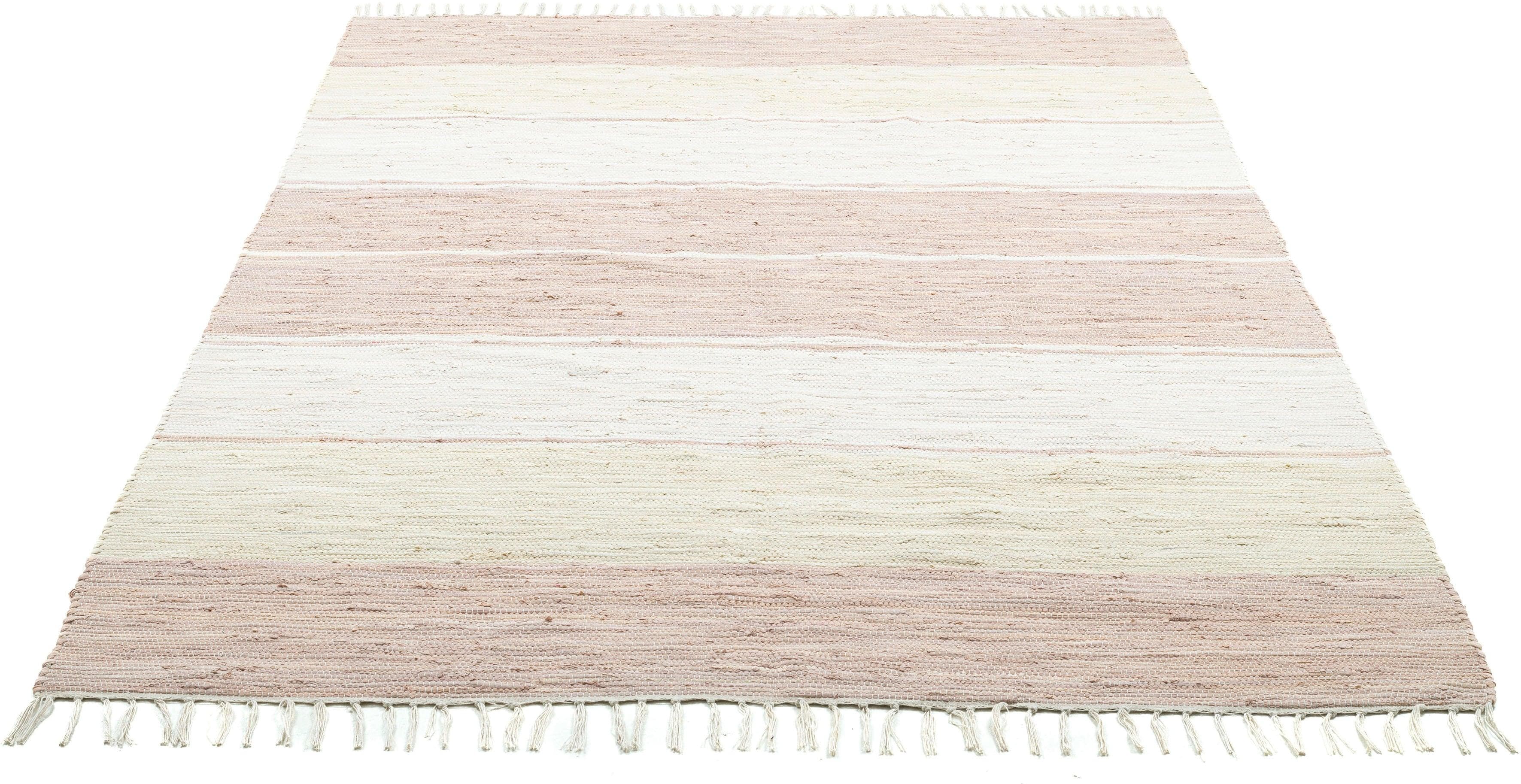 Theko Stripe Cotton Handgewebter Baumwollteppich Beige Gestreift