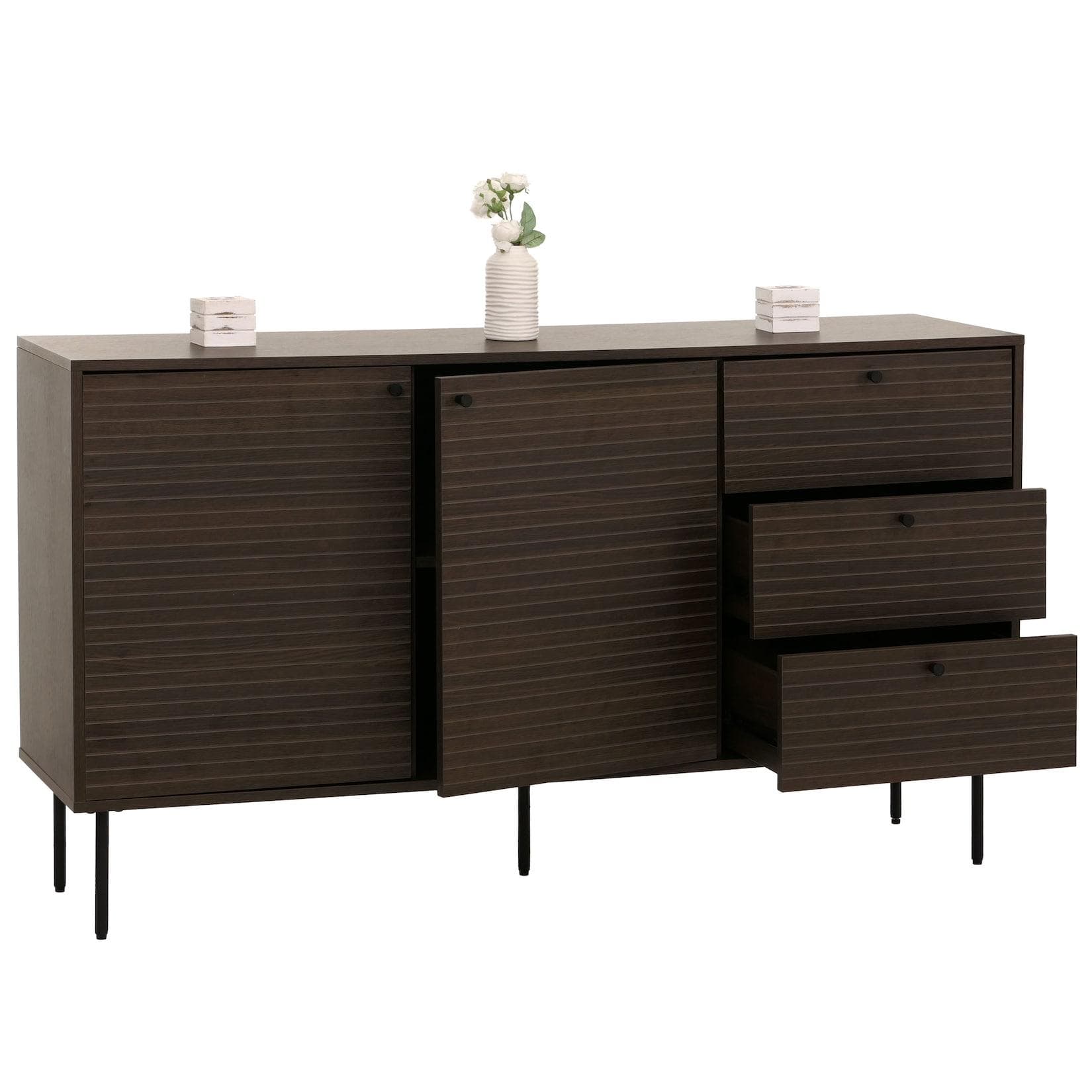 Kommode MCW-N78 Sideboard 3 Schubladen 2 Türen Skandinavischer Stil Metall Holz Melamin Dunkelbraun