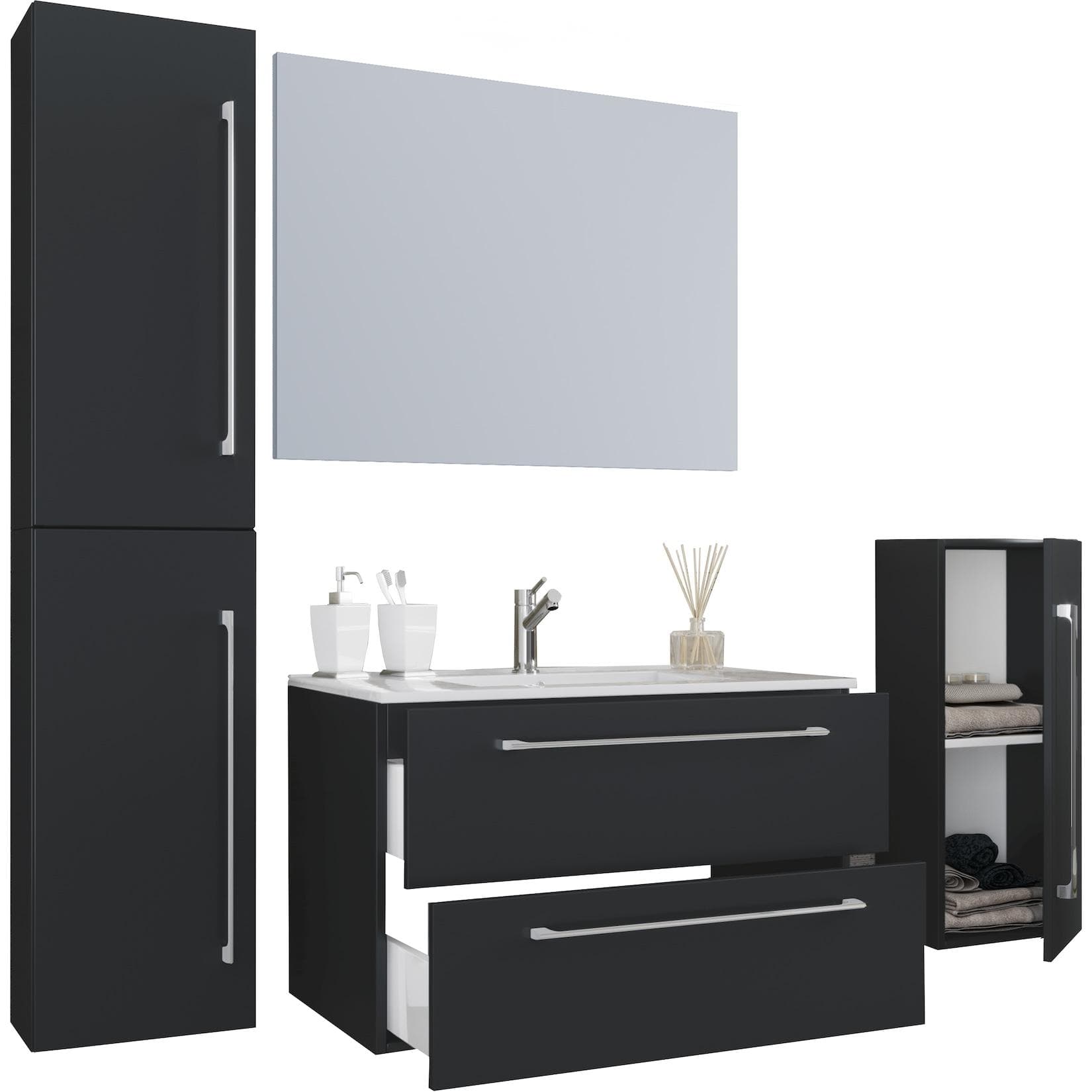 VCM 5-tlg. Badmöbel-Set mit Waschtisch, Spiegel, Waschbecken, Midischrank und Hochschrank