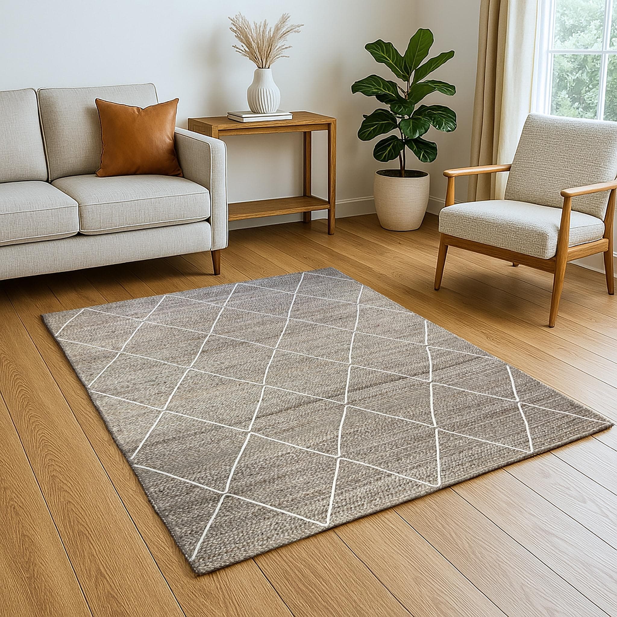 Skandinavischer Jute- und Baumwollteppich in Naturgrau, Beige und Weiß