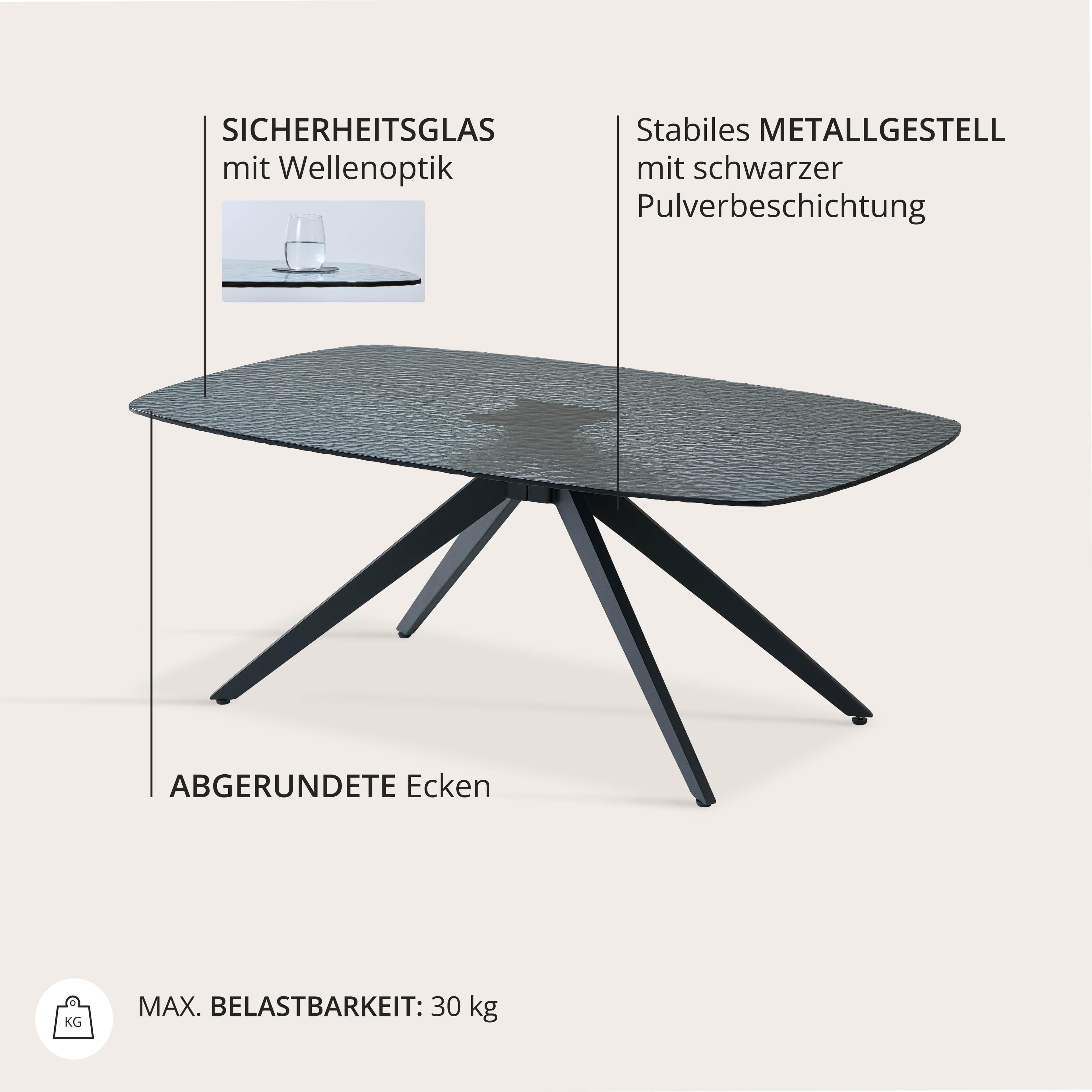 STOLKOM Couchtisch Elias Schwarz Glas Metall 4-Fuß-Gestell