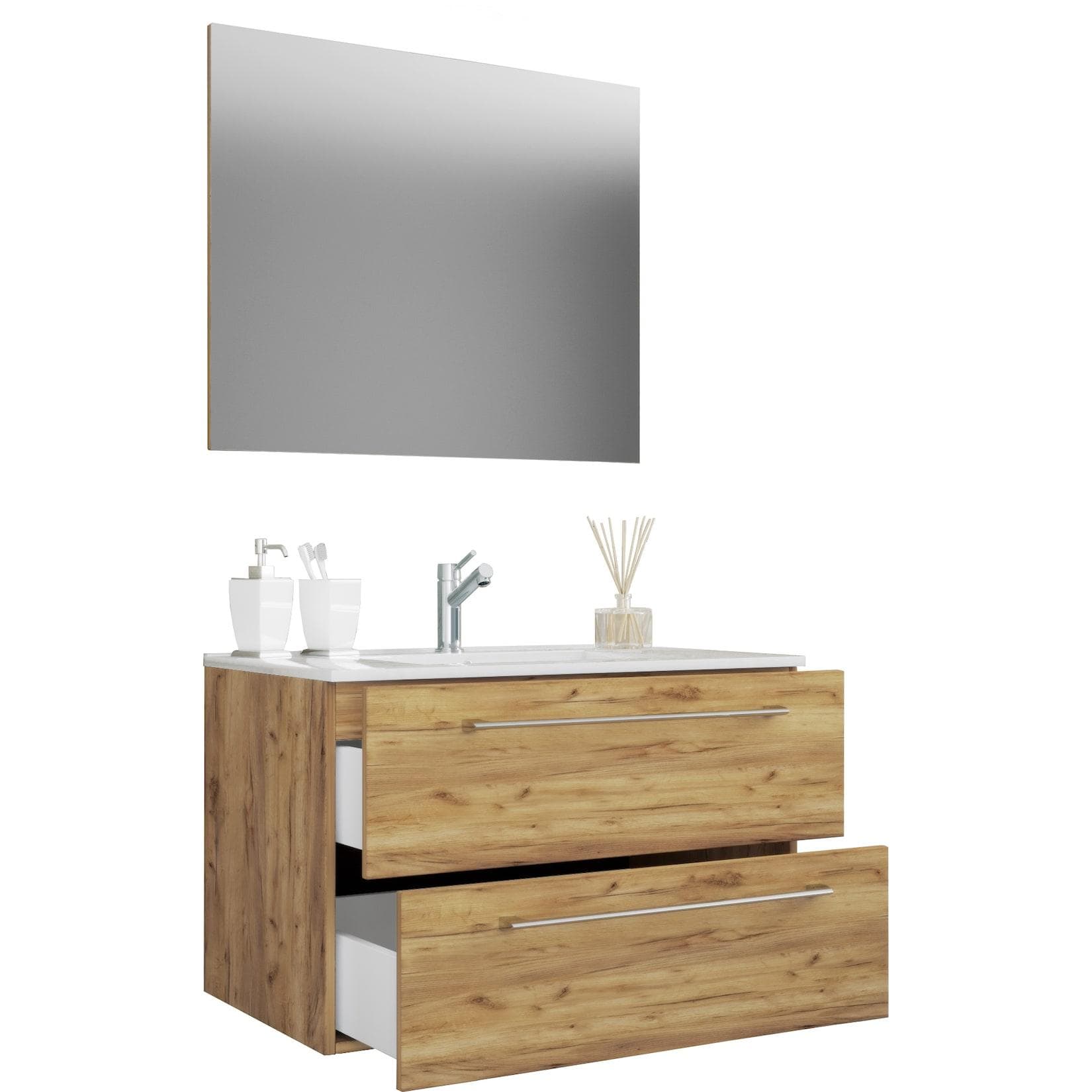 VCM 3-tlg. Waschplatz Waschtisch Waschbecken Unterschrank Breite 80 cm Badmöbel Set hängend mit einer Schublade Spiegel Badinos