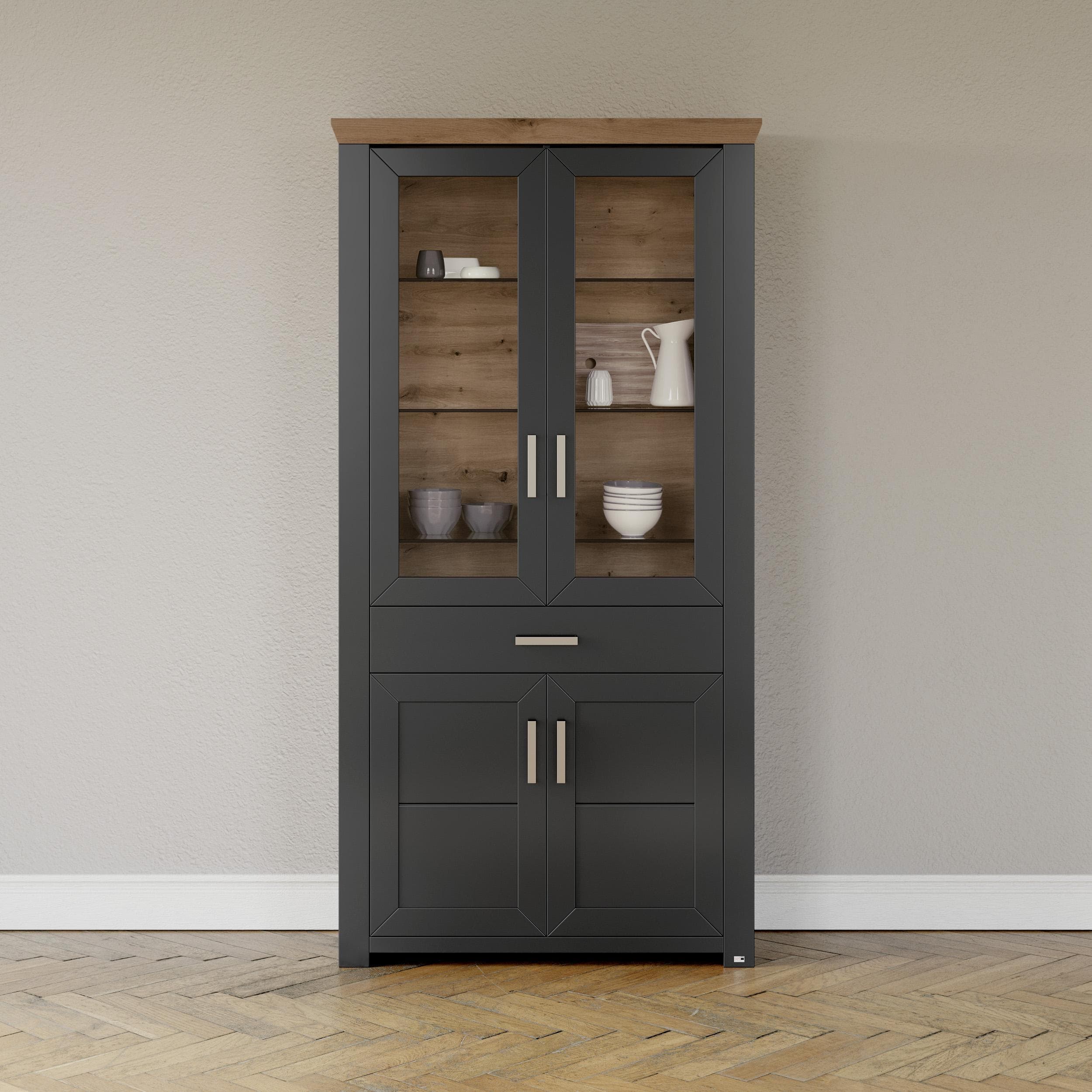 set one by Musterring Standvitrine York Grau Eiche mit Glastüren