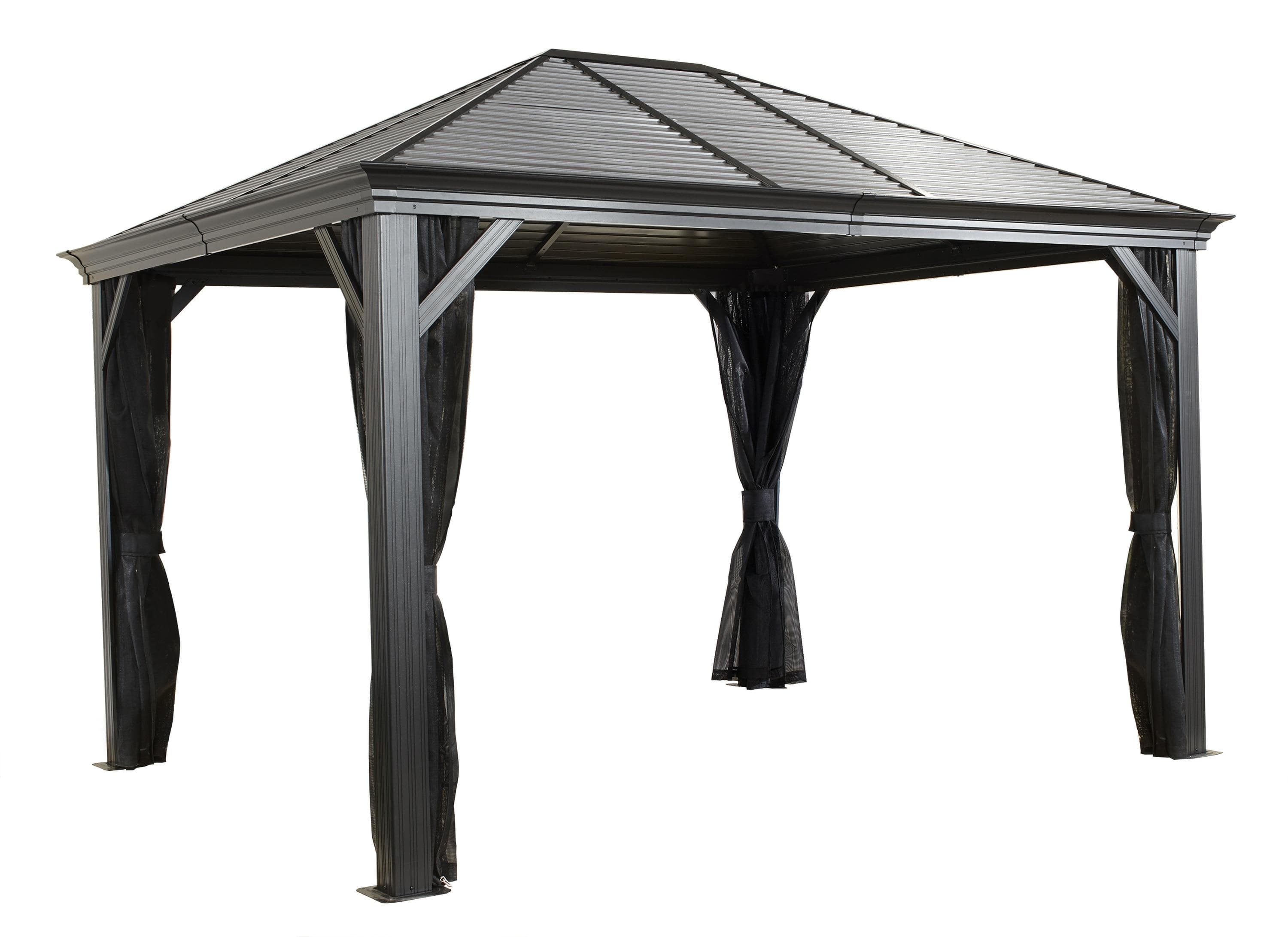 SOJAG Pavillon Mykonos 10x12 Grau Aluminium Stahldach Moskitonetze Winterfest