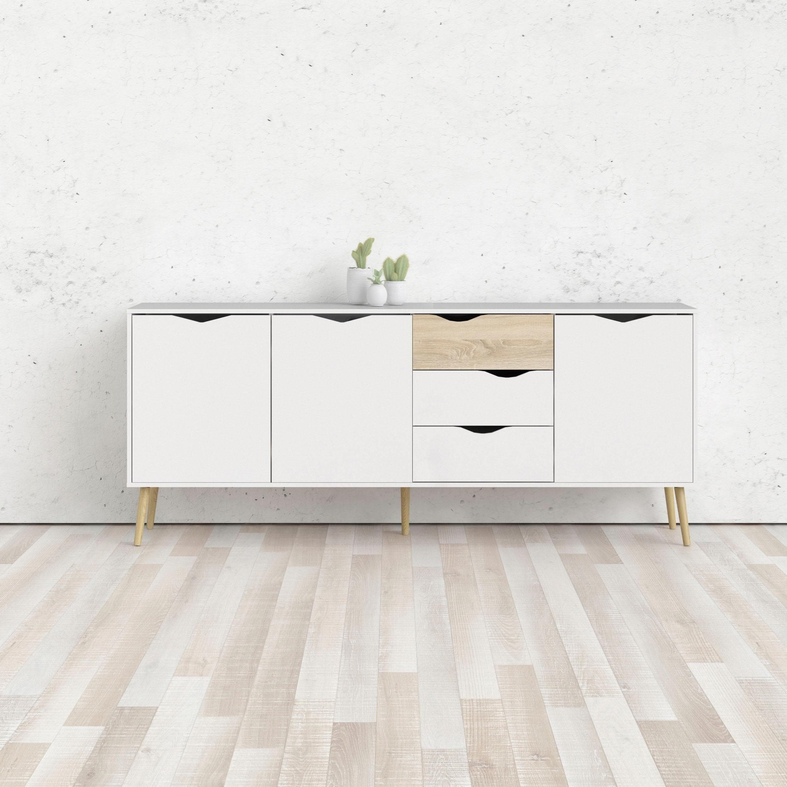 Andas Oslo Kommode Weiß Eiche 3 Türen 3 Schubladen Sideboard