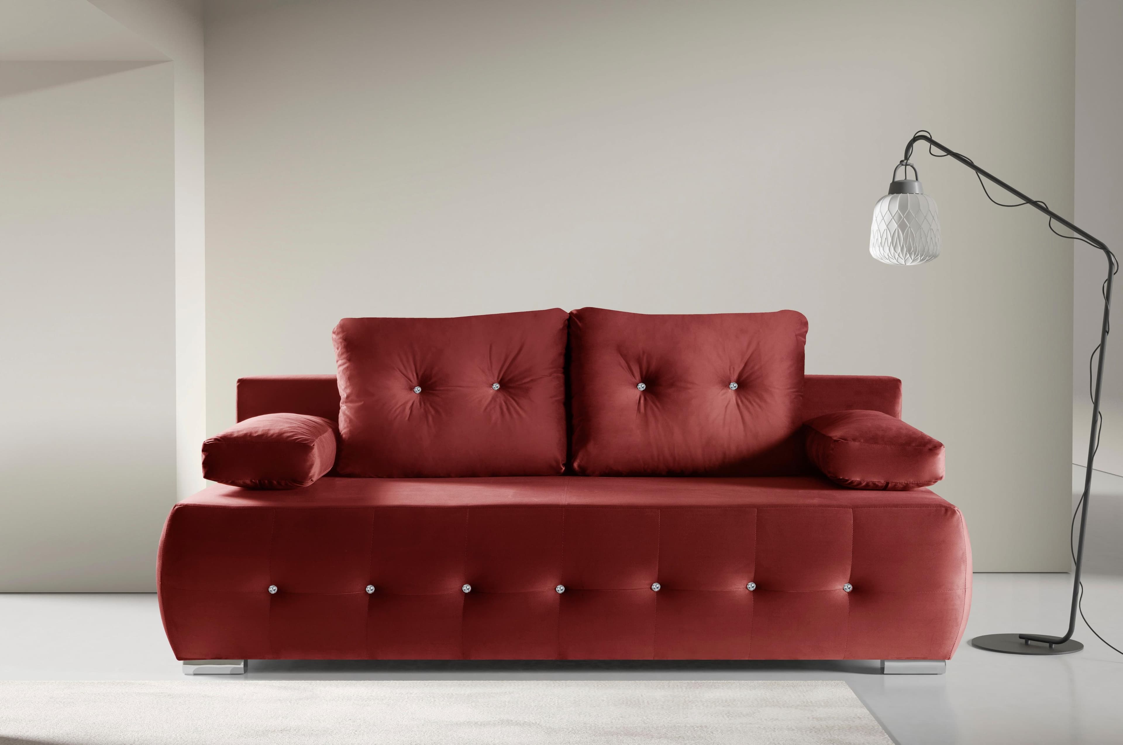 WERK2 Schlafsofa Monaco 2-Sitzer mit Bettkasten Bordeaux Samtoptik