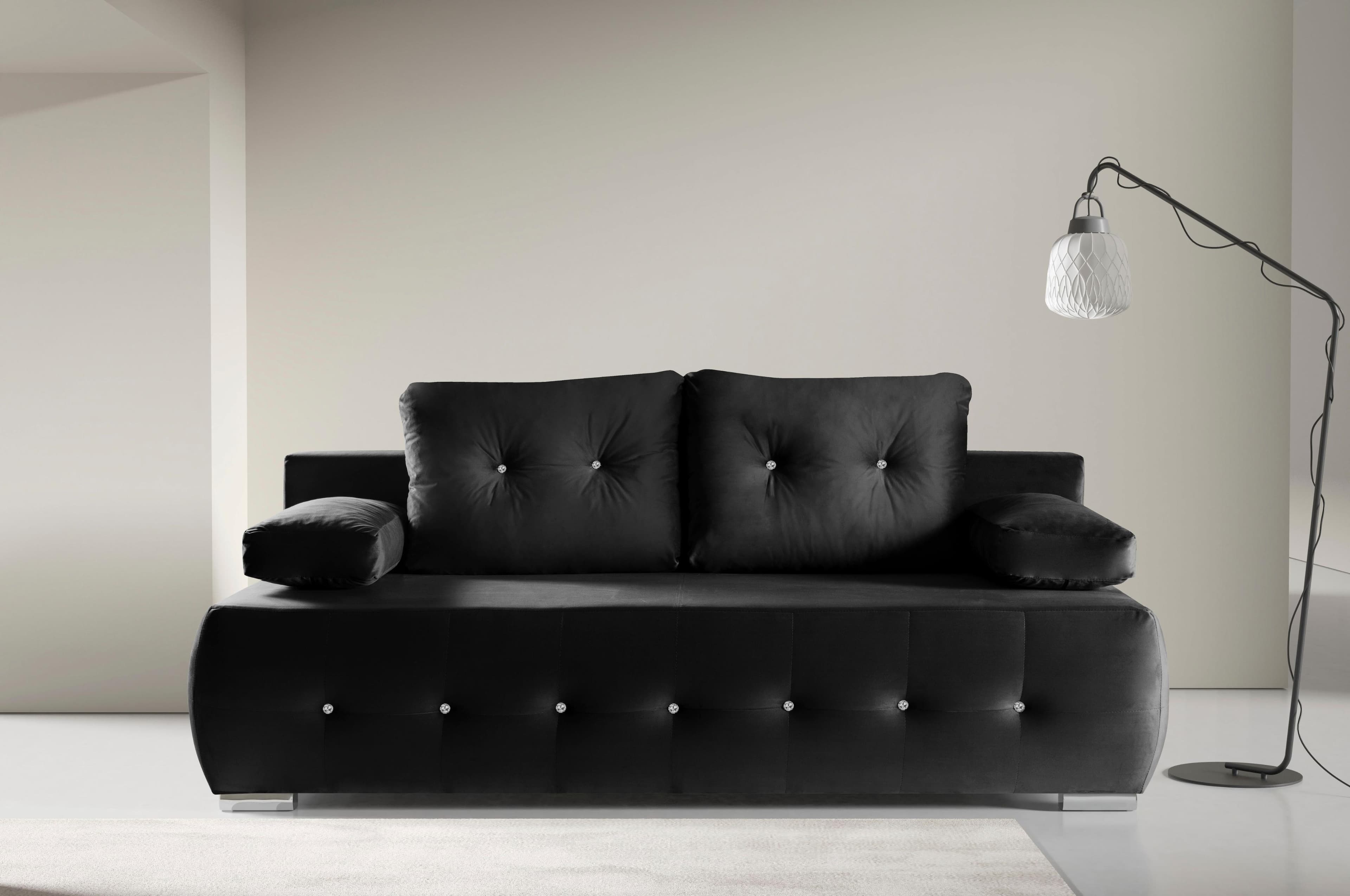 WERK2 Schlafsofa Monaco Schwarz Samtoptik mit Bettkasten