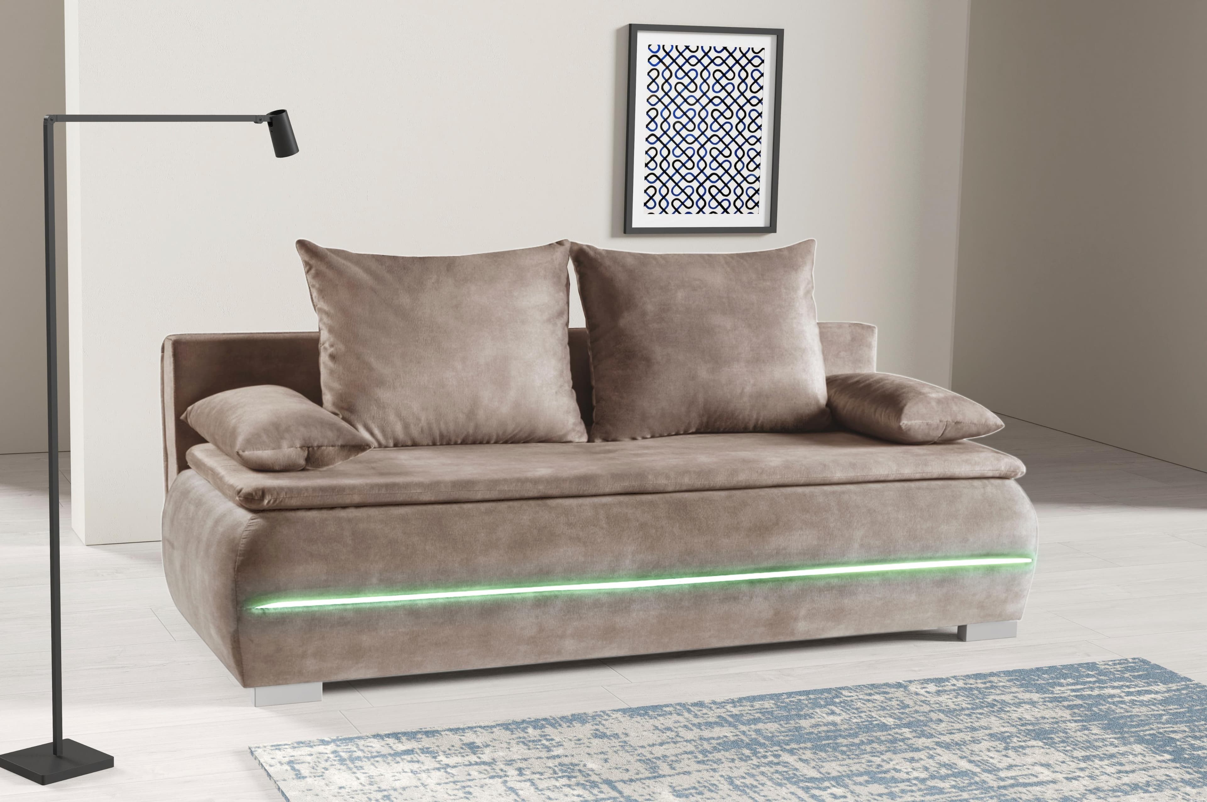 WERK2 Schlafsofa Tekla LED mit Bettkasten & RGB-LED-Beleuchtung Beige