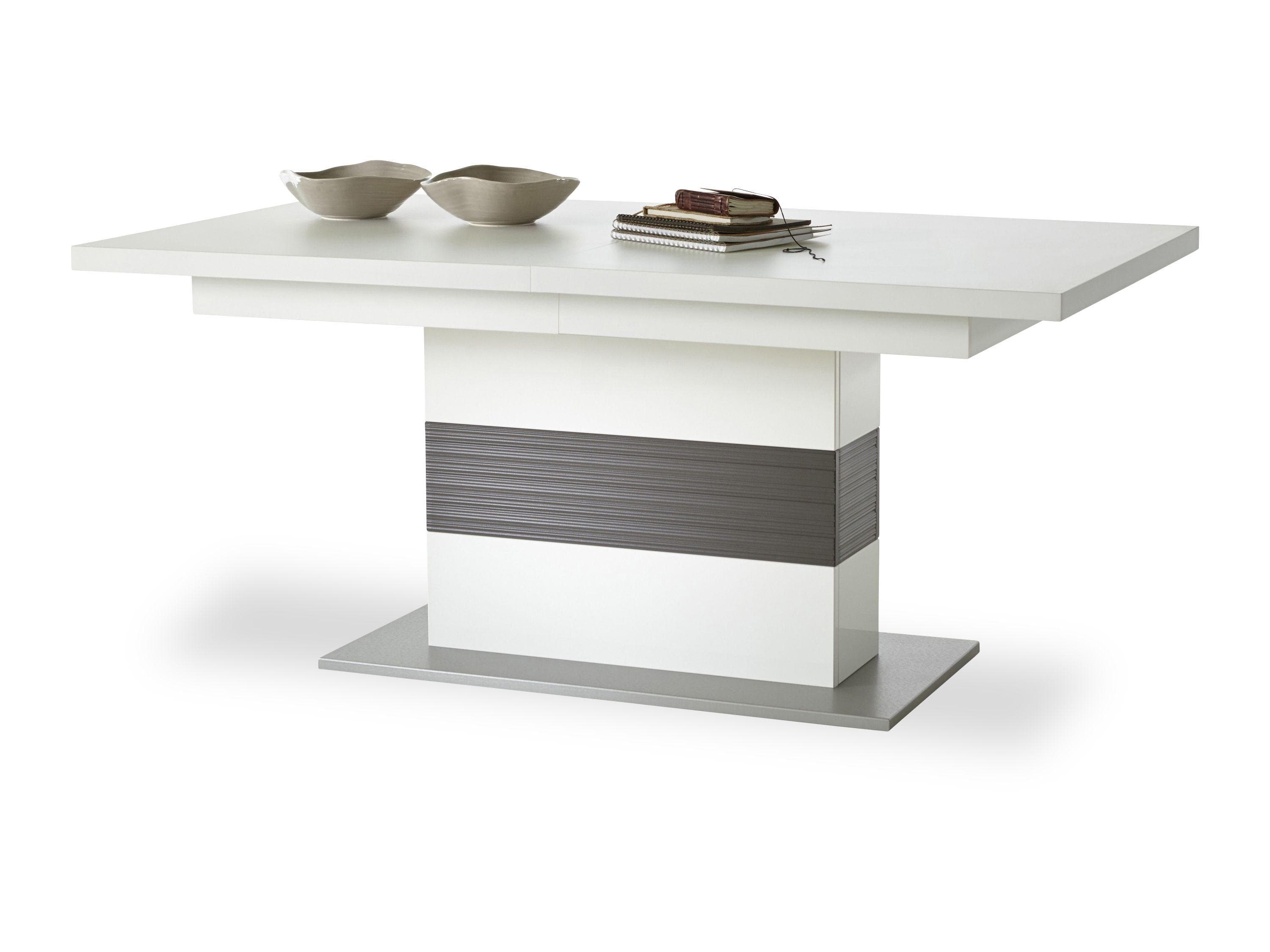 Ausziehbarer Säulentisch mit Hochglanz-Weiß / Grau