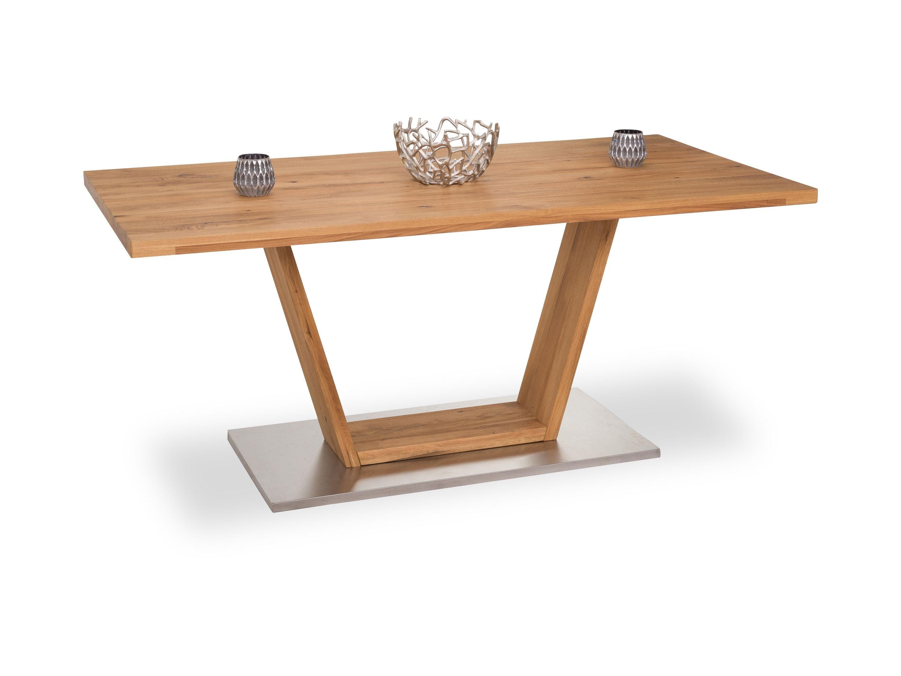 Massivholz Esstisch mit Baumkante und V-Fuß - Balkeneiche