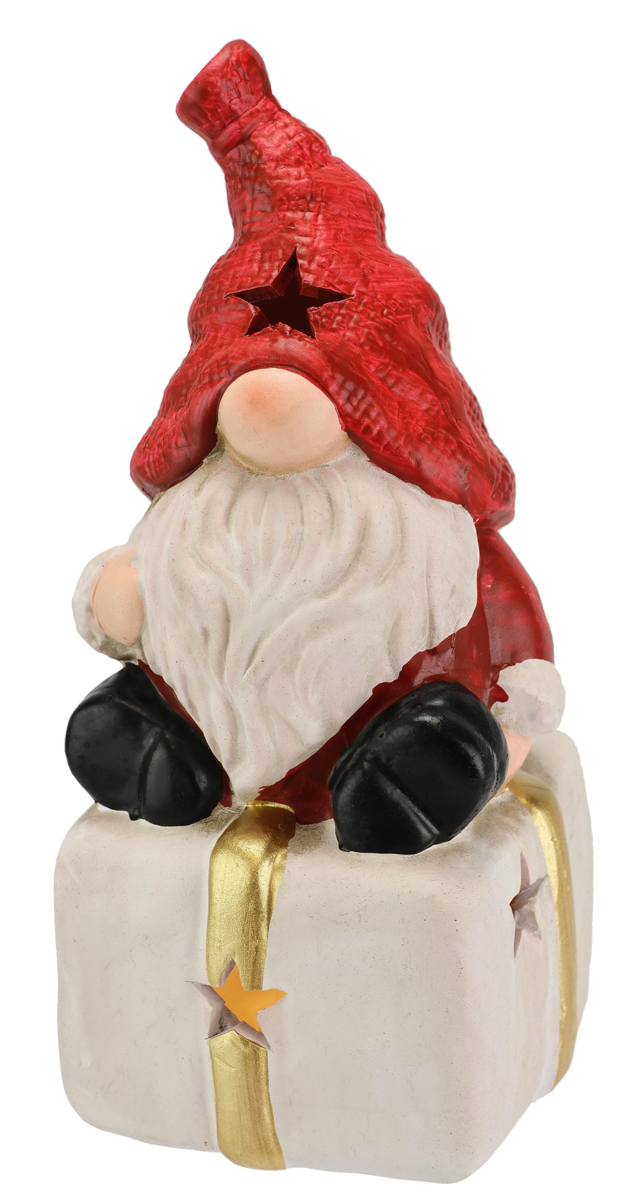 I.GE.A. Wichtel auf Geschenk Dekofigur Terrakotta Rot Weiß LED