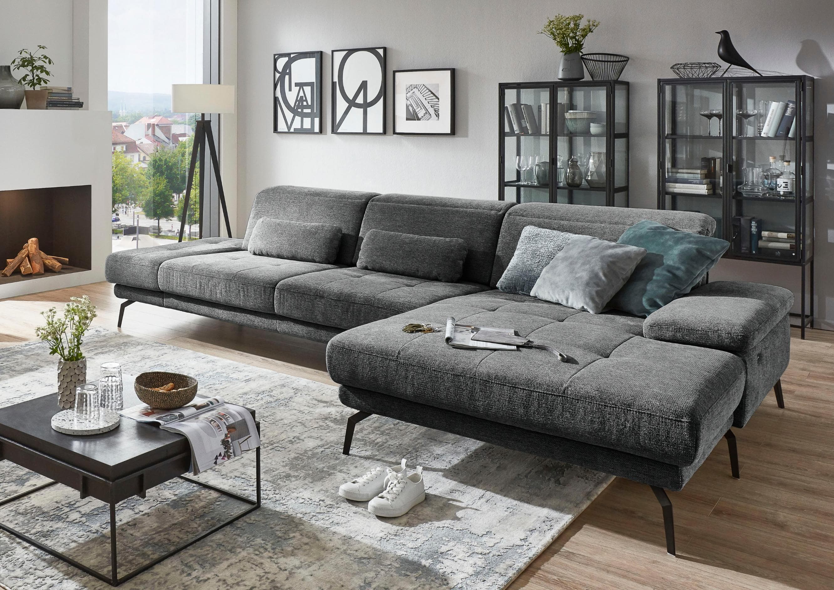 DIE PLANBAR Ecksofa L-Form Anthrazit mit Relax-Funktion und Federkern