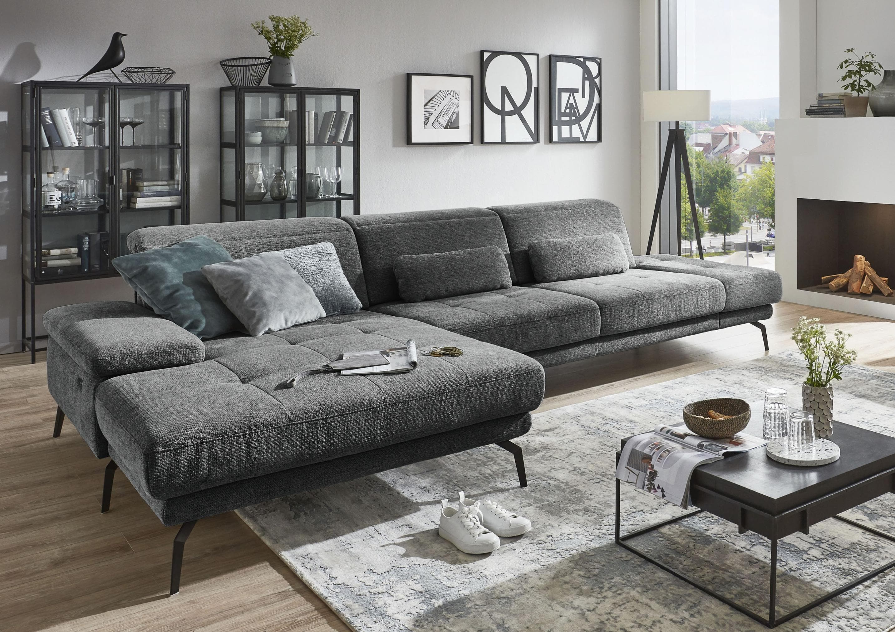 Ecksofa DIE PLANBAR L-Form Anthrazit mit Verstellfunktionen