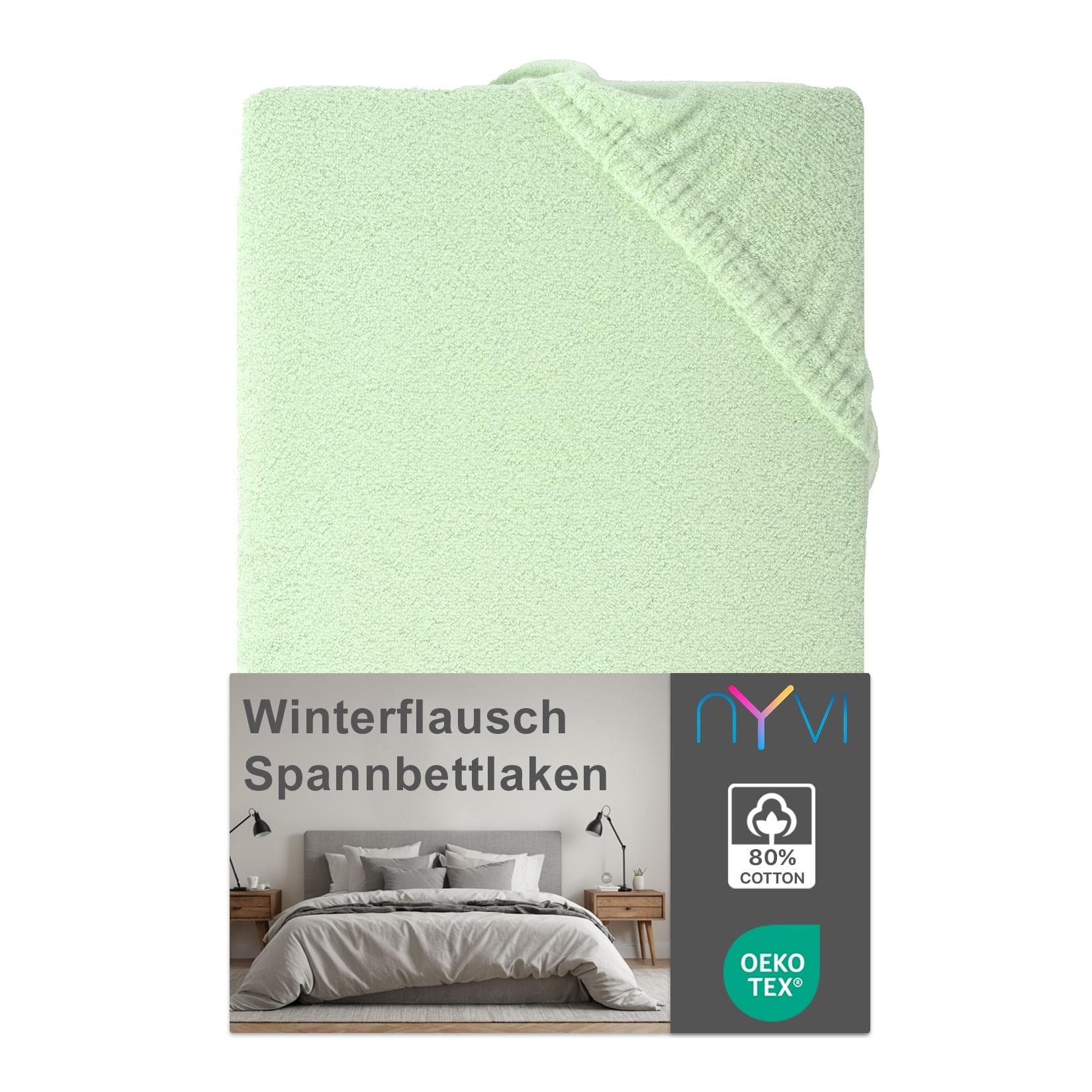 NYVI Spannbettlaken DreamScience Winterflausch für Matratzen bis 22 cm Höhe - Wärmendes & Kuschelweiches Winter Bettlaken Spannbetttuch Farbe Eukalyptus