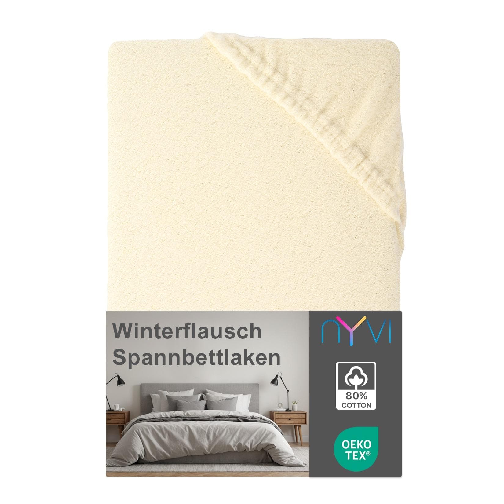 NYVI Spannbettlaken DreamScience Winterflausch für Matratzen bis 22 cm Höhe - Wärmendes & Kuschelweiches Winter Bettlaken Spannbetttuch Farbe Natur
