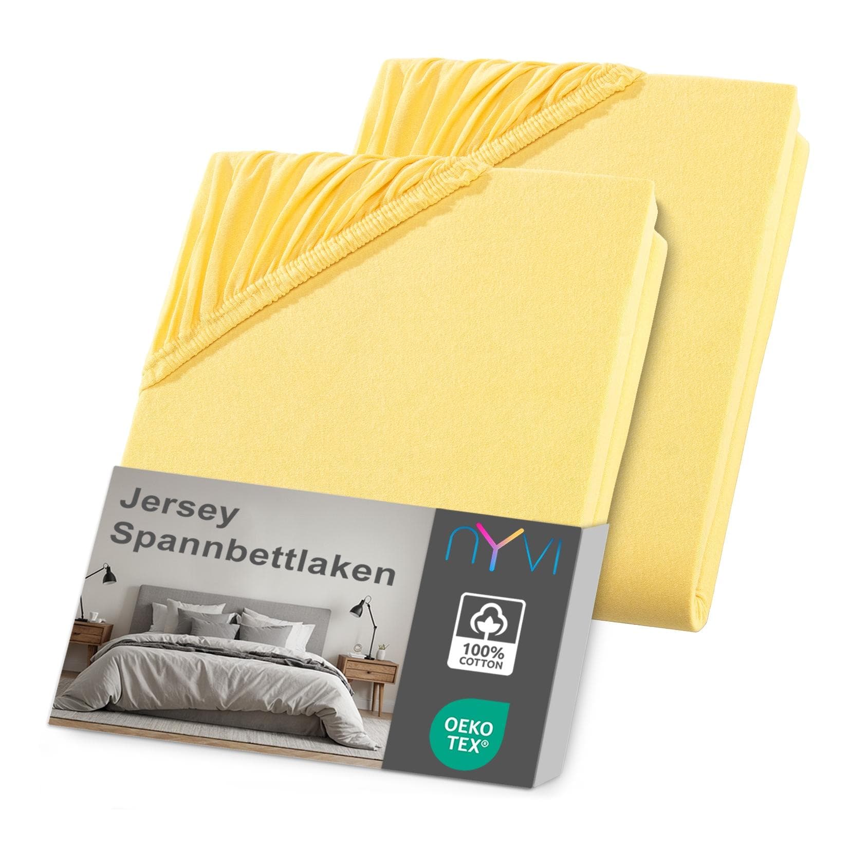 NYVI Jersey Spannbettlaken DreamScience 100% Baumwolle Bügelfrei Gelb 2er Pack