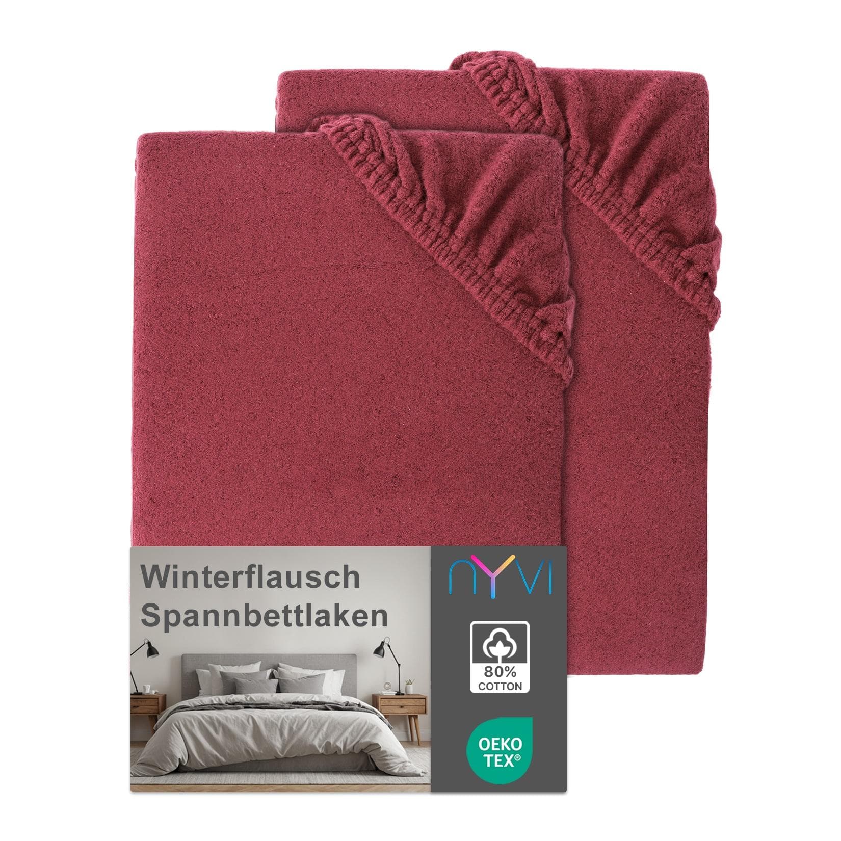 NYVI Spannbettlaken DreamScience Winterflausch für Matratzen bis 22 cm Höhe - Wärmendes & Kuschelweiches Winter Bettlaken Spannbetttuch Farbe: bordeaux