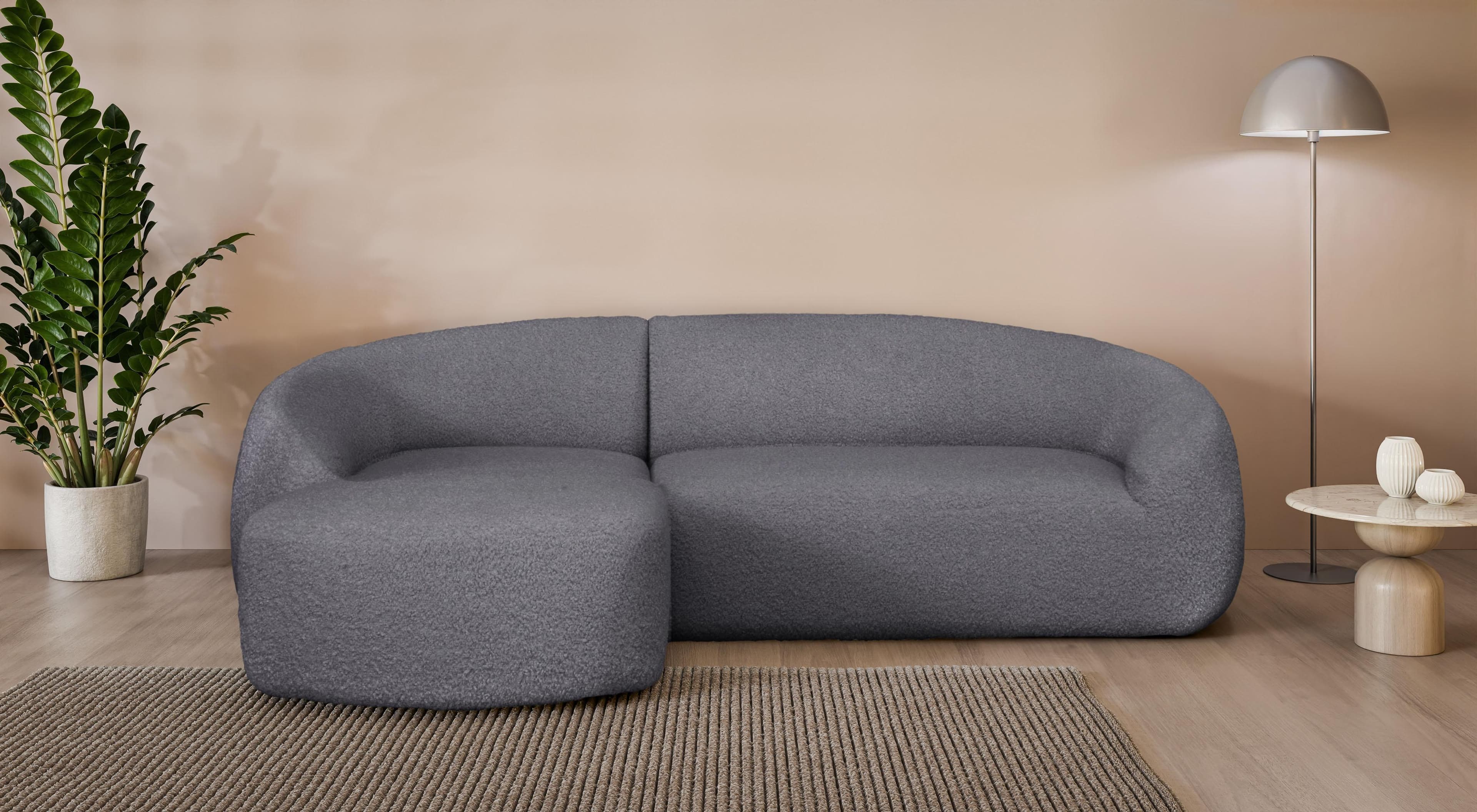 LeGer Home Ecksofa YANI L-Form Dunkelgrau Bouclé Recamiere