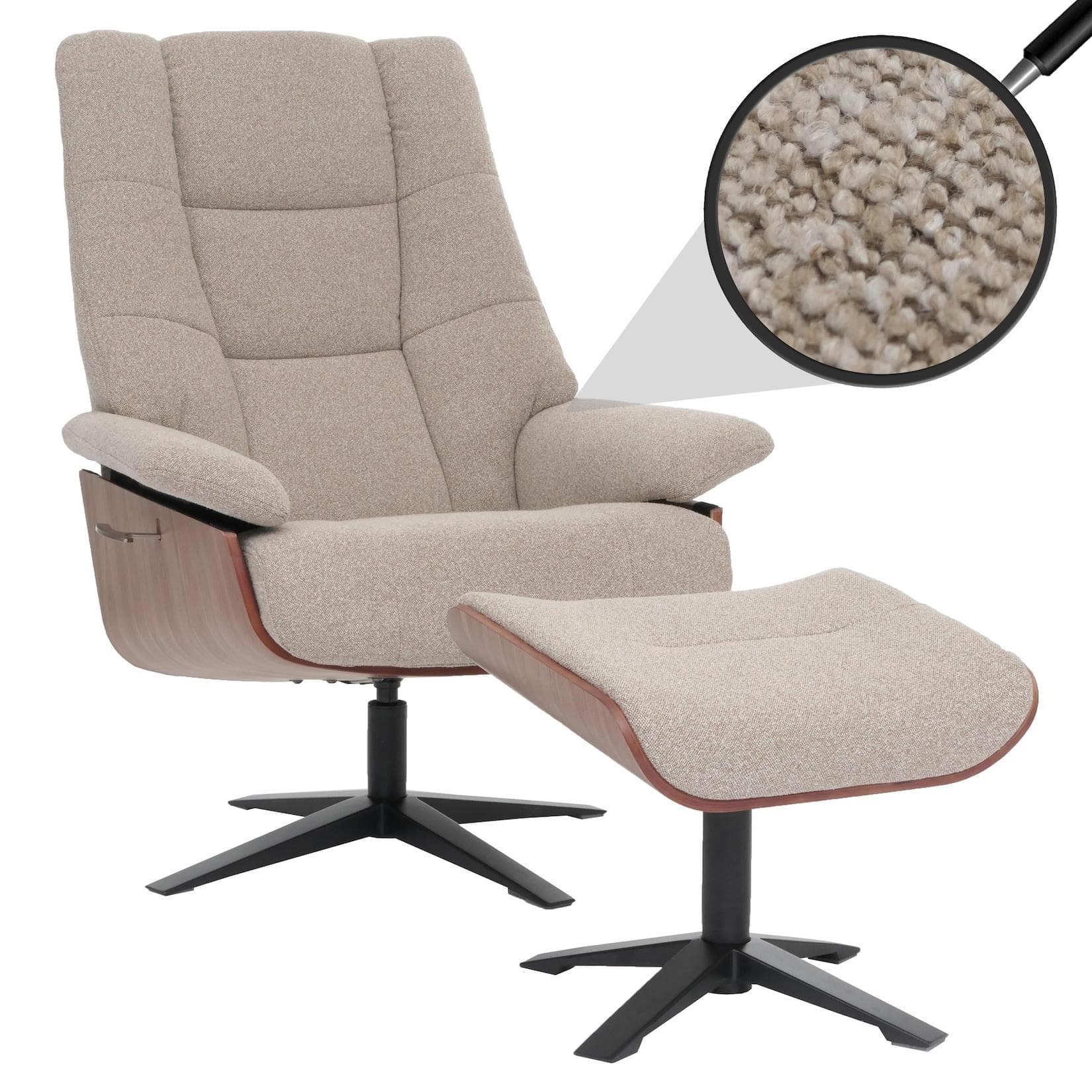 MCA Relaxsessel + Hocker MCW-N57 Fernsehsessel Liegesessel Bouclé Stoff Holz Braun