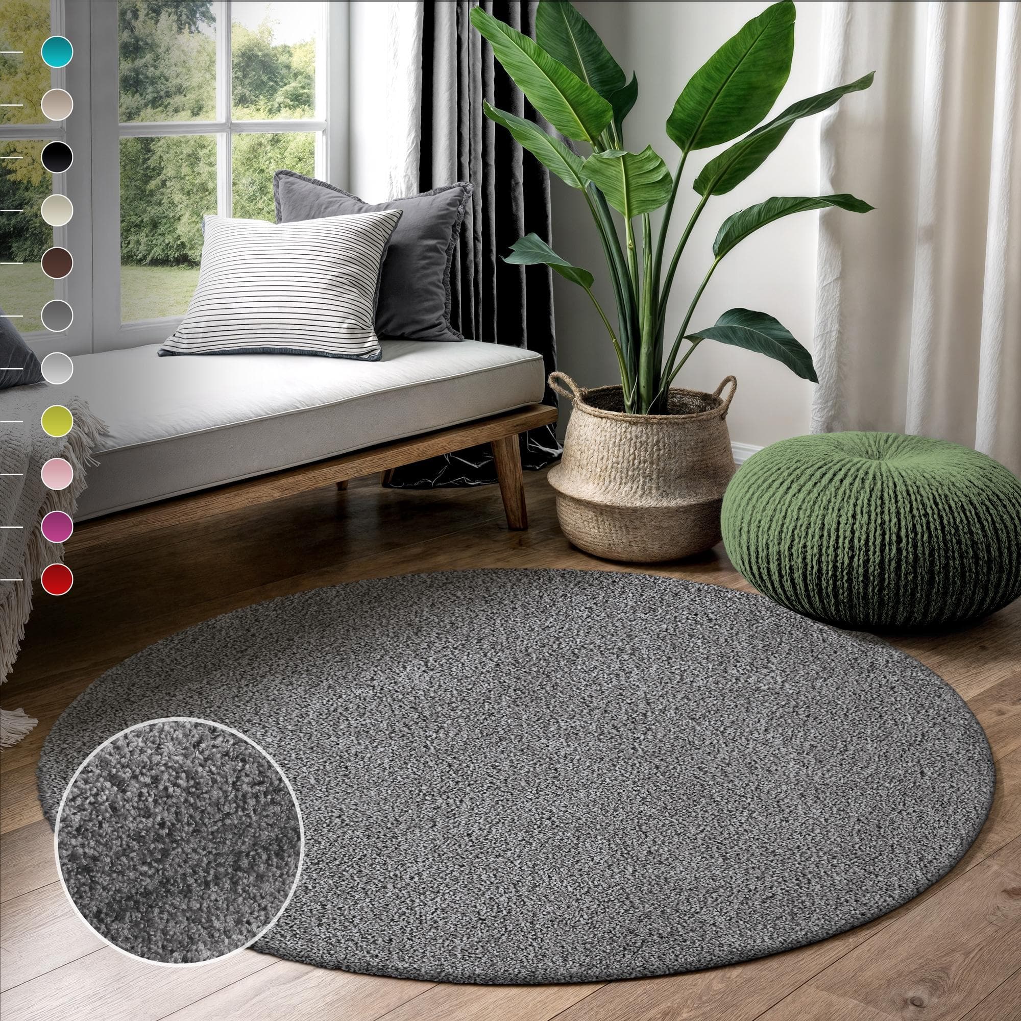 SANAT LOCA Hochflor-Teppich Grau Rund Shaggy 80cm