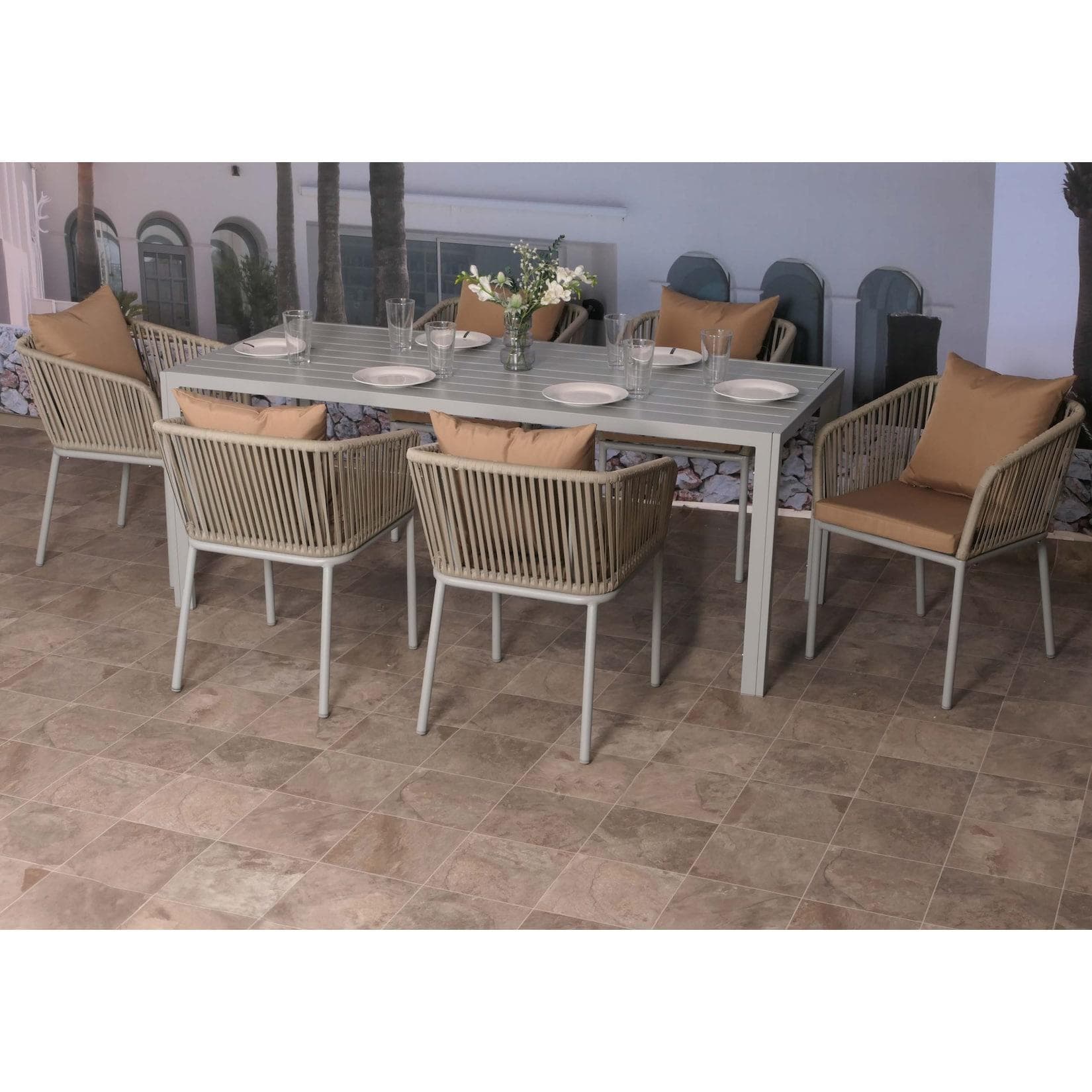 MCW Sitzgruppe N41-6: Aluminium Esstisch & Stühle mit Seilgeflecht