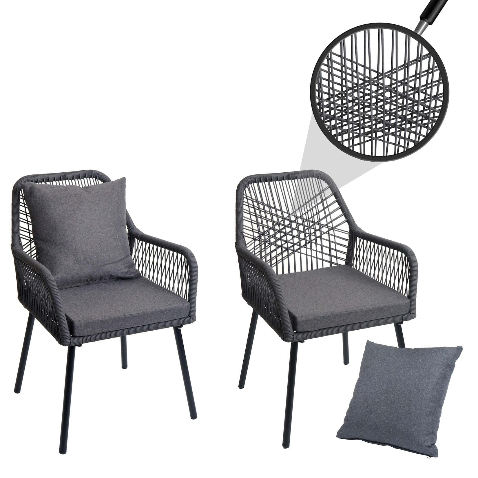 MCW 2er-Set Gartenstuhl MCW-O12 Outdoor Aluminium Seilgeflecht Anthrazit