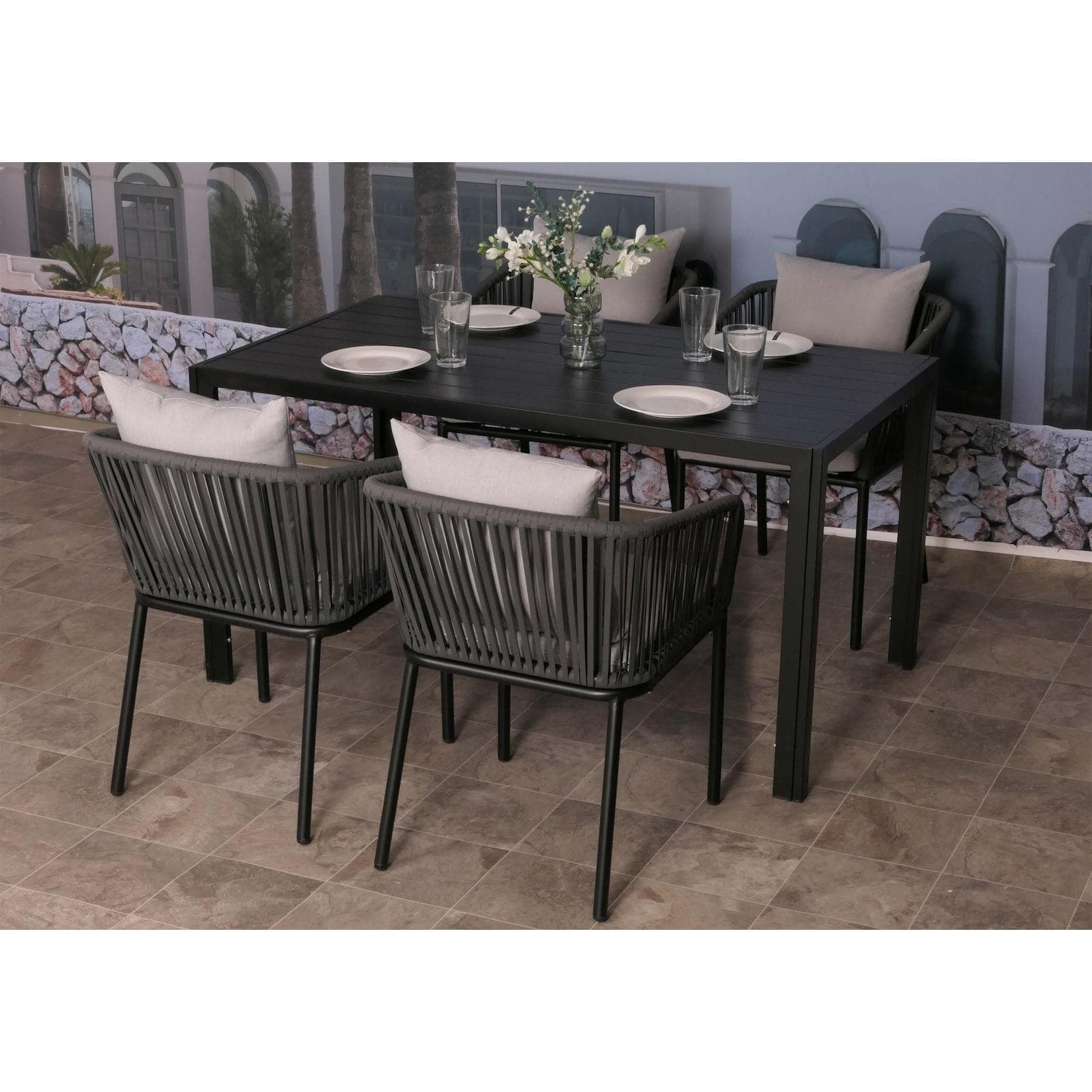 MCW Gartengarnitur N41 5-tlg. Aluminium Seilgeflecht Grau