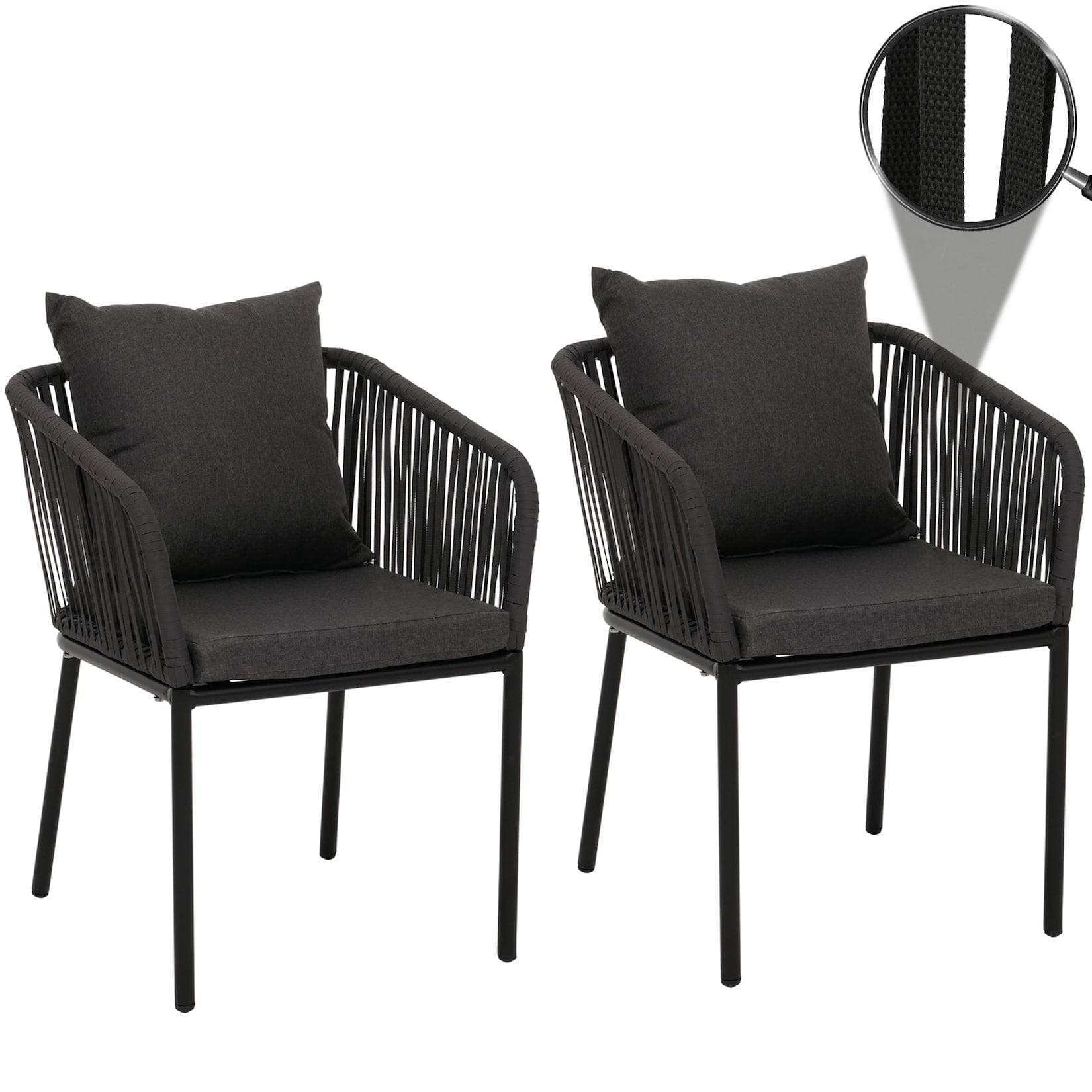 2er-Set Gartenstuhl MCW-N41 Outdoor Armlehne Aluminium Seilgeflecht Anthrazit Kissen Dunkelgrau