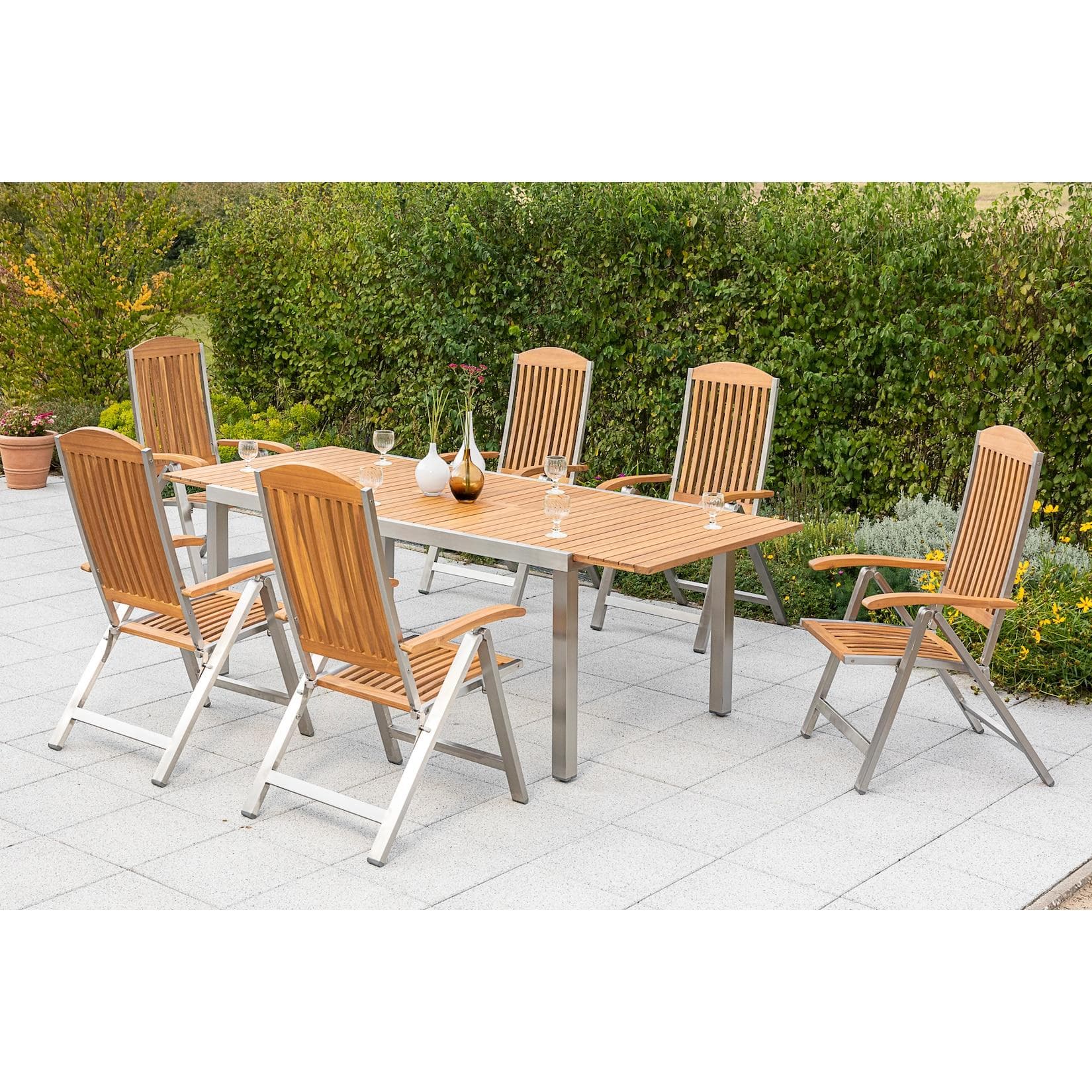 Merxx Keros Garten-Essgruppe 7-tlg. Braun Akazie Edelstahl