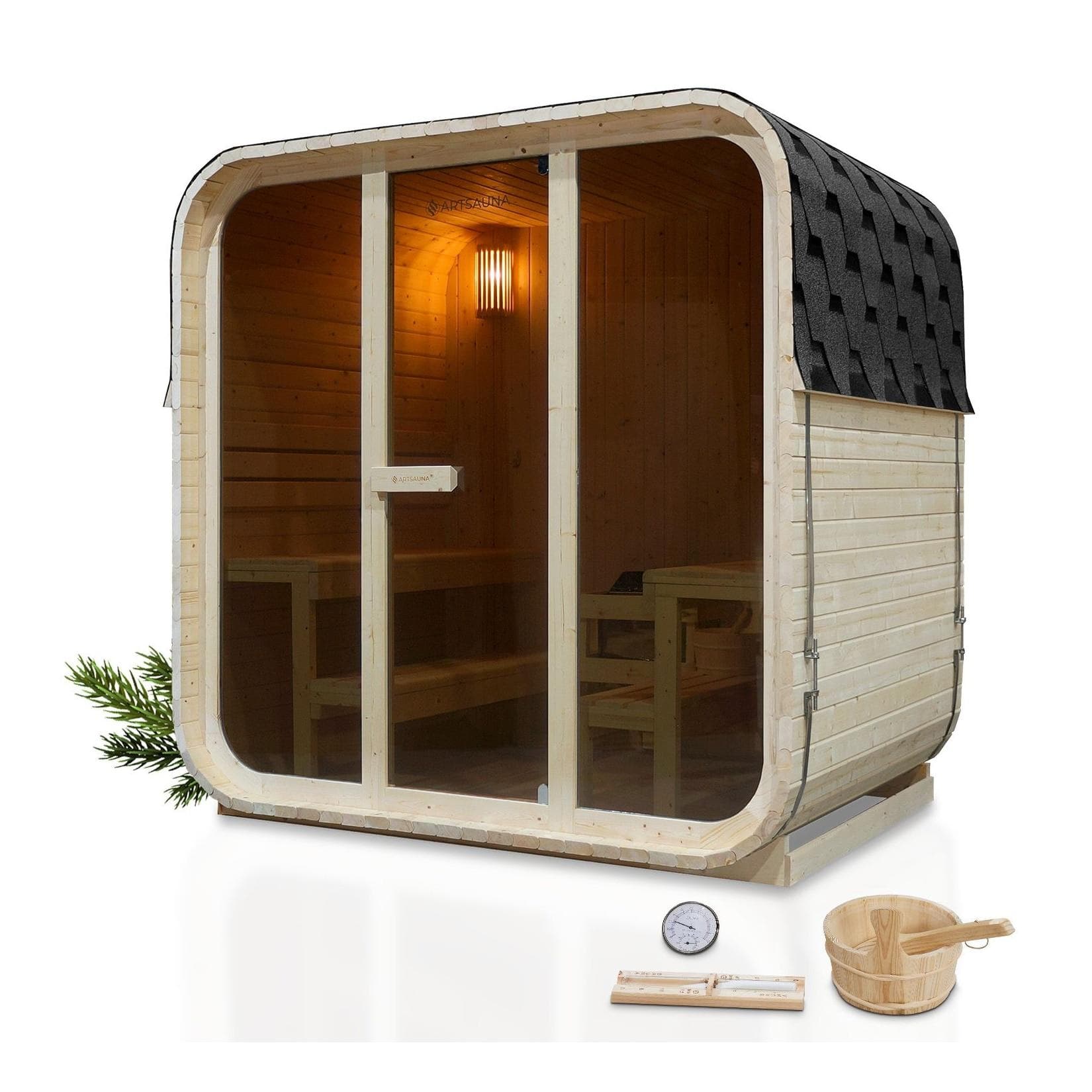 Artsauna Fasssauna Fjora 38 mm Fichte 9 kW Ofen bis 100 °C Glasfront bis 6 Personen Zubehör-Set