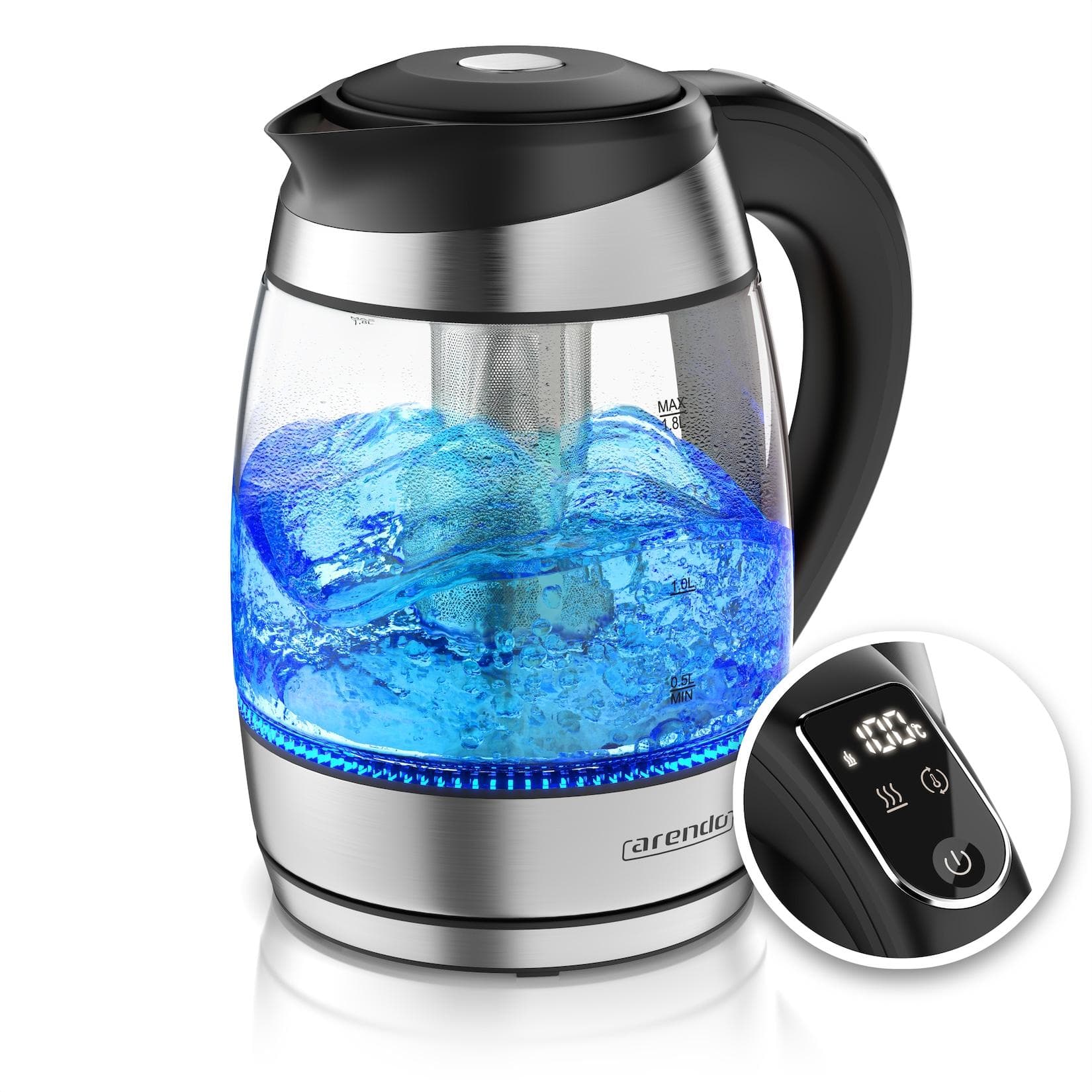 Arendo Wasserkocher Edelstahl oder Glas Temperaturanzeige Warmhaltefunktion