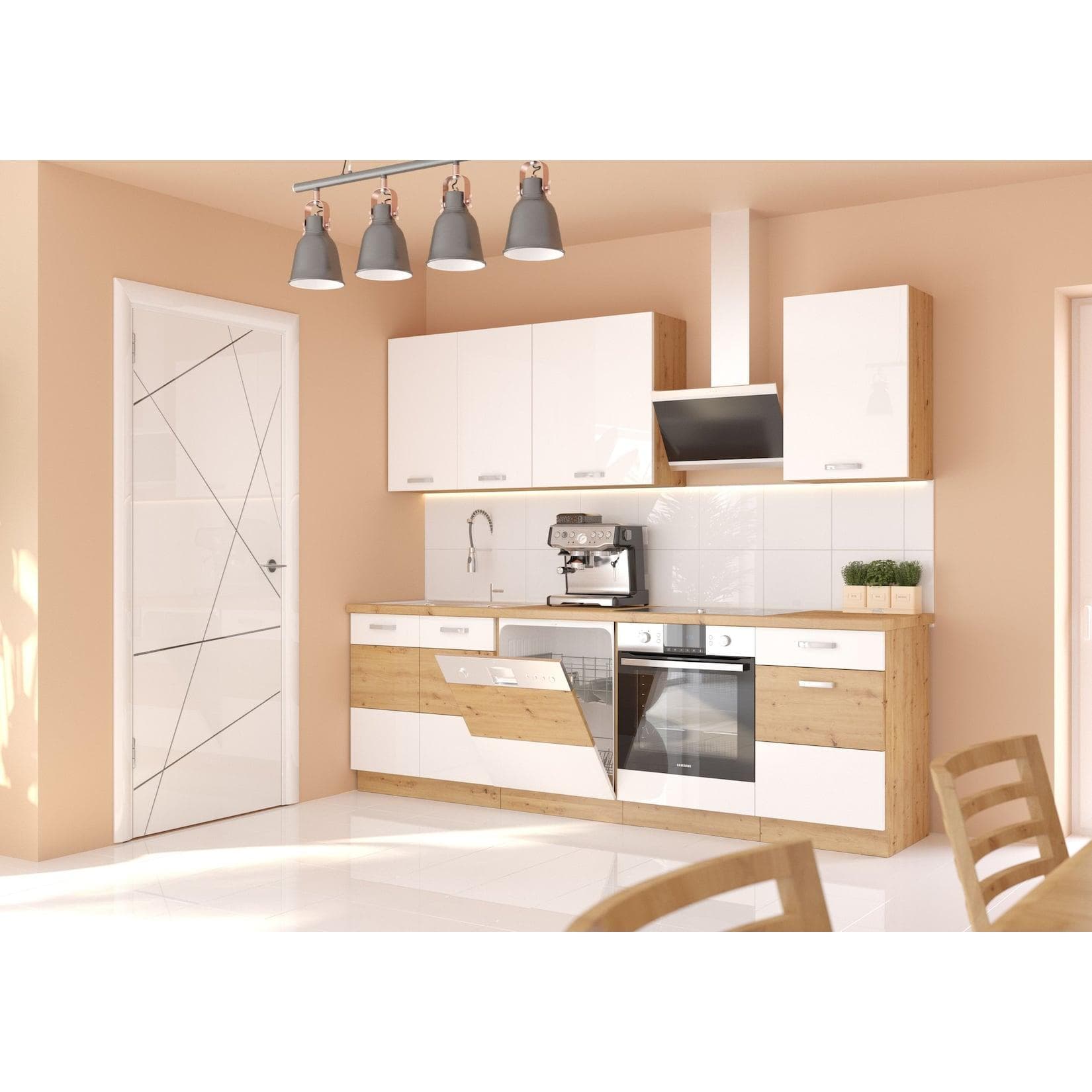 Küche Artisan Weiß 250 cm Hochglanz Küchenzeile Eiche Design