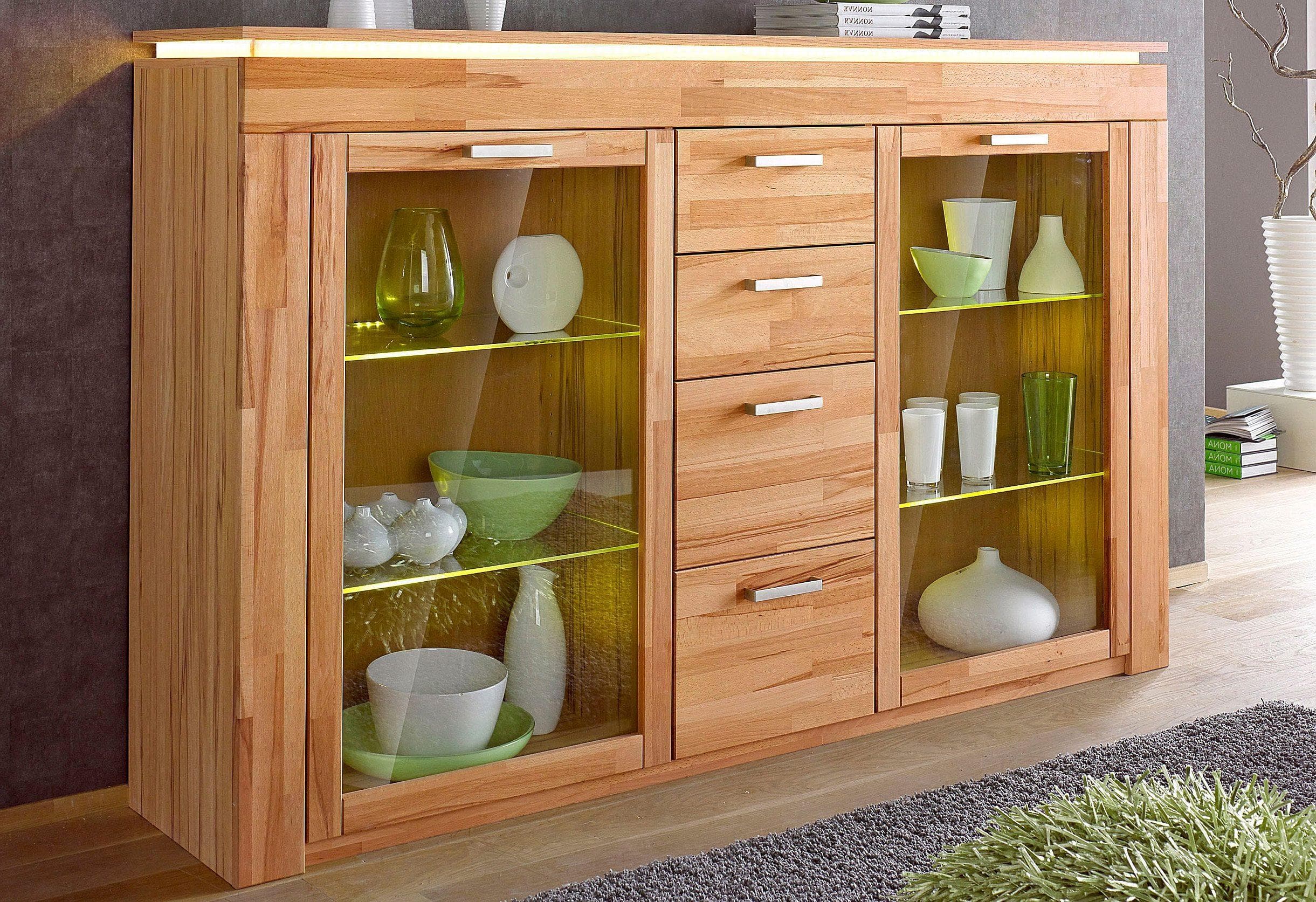 VOGL Highboard Kernbuche Teilmassiv mit Glastüren und Schubkästen