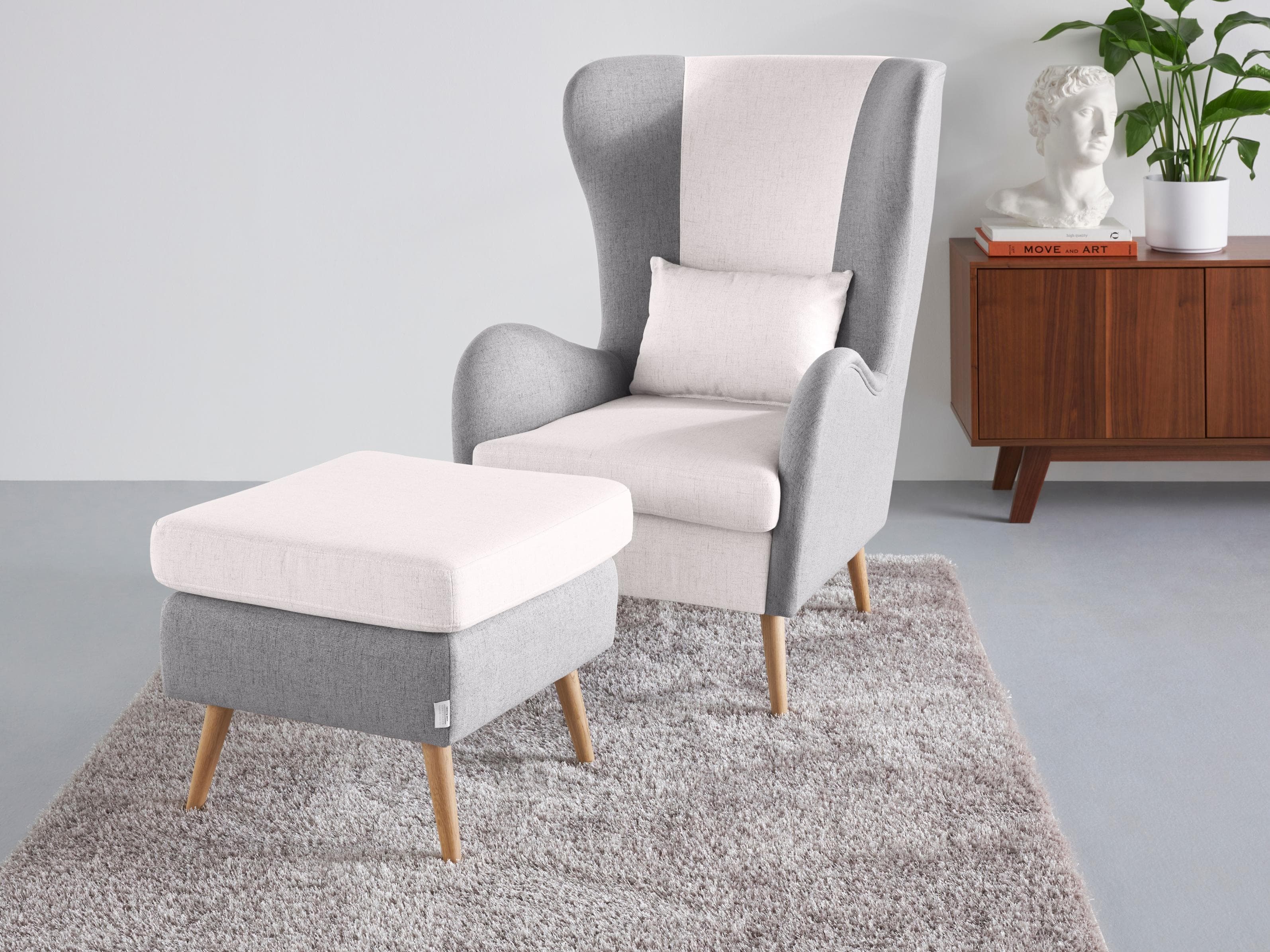 HOME AFFAIRE Salla Ohrensessel Creme Grau mit Hocker