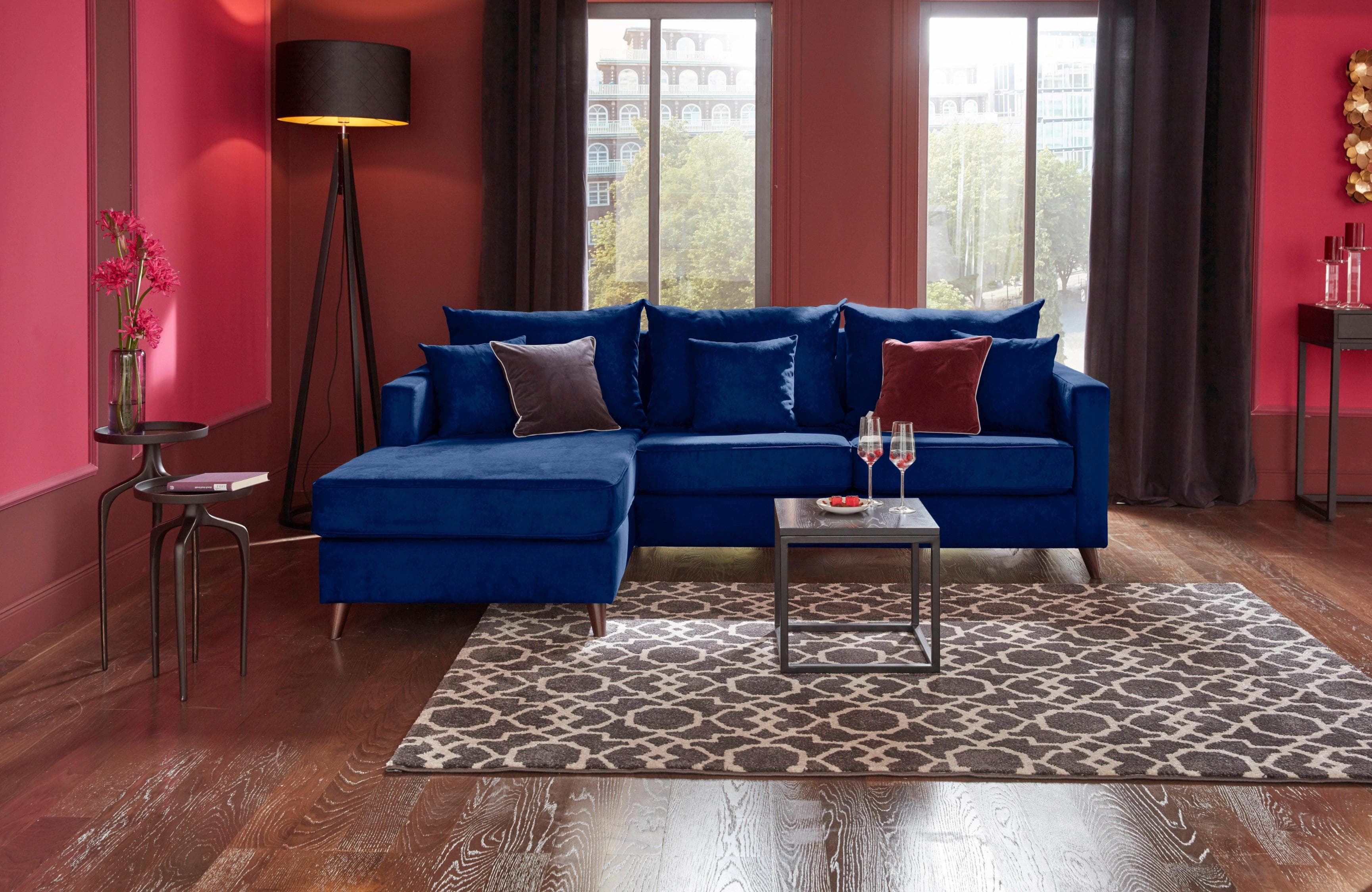 HOME AFFAIRE Ecksofa Renesse L-Form Blau Samtvelours mit Recamiere