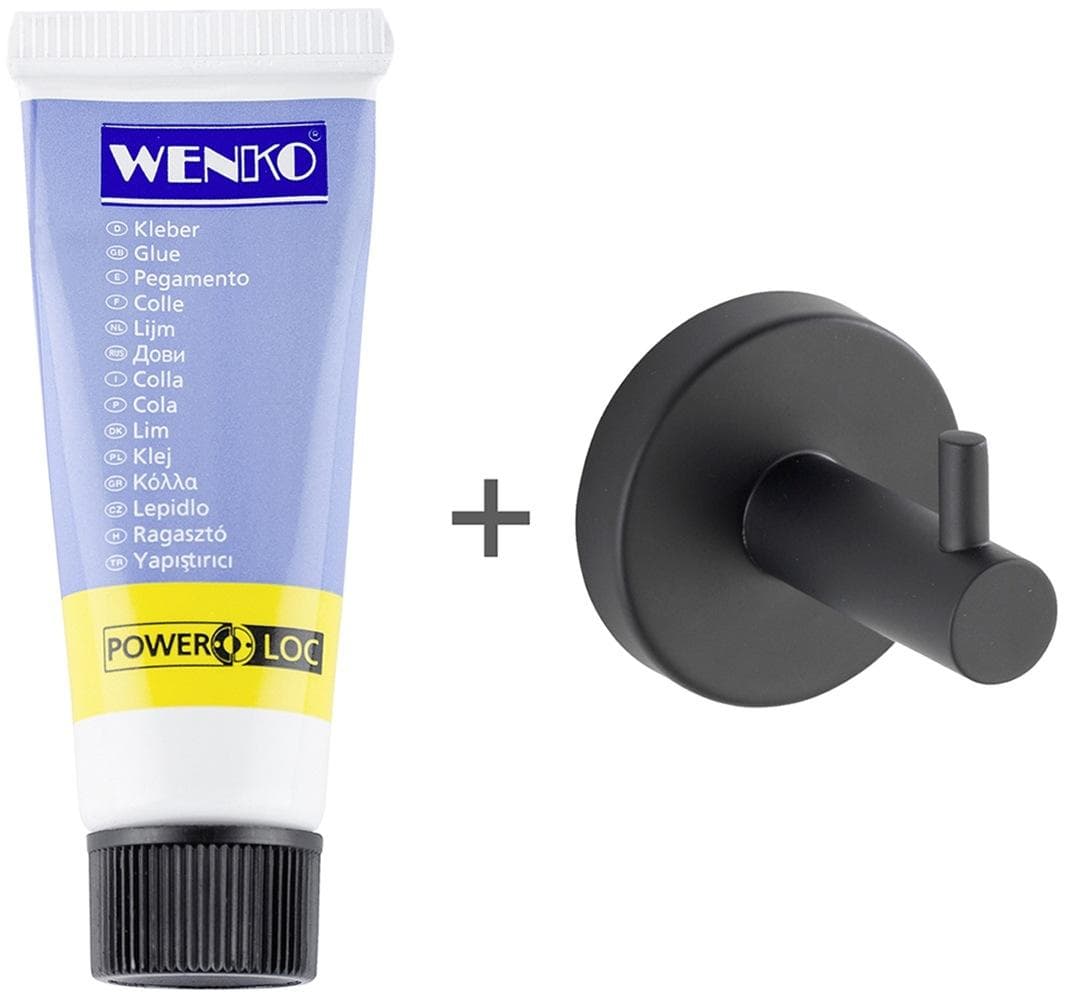 WENKO Wandhaken Bosio Black - Bohrfreie Befestigung für Bad & Haushalt