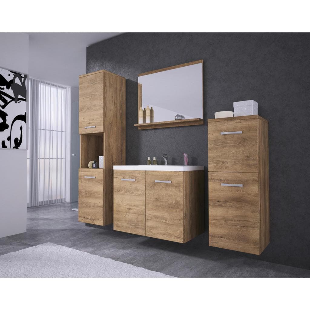 P & B Badezimmer Set Eiche Metall 5-teilig 6 Fächer 120 cm FSC hängend Spiegel mit Ablage