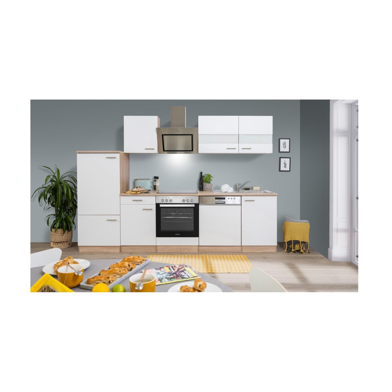 Respekta Küchenzeile 280 cm mit Kühlschrank und Geschirrspüler Weiß