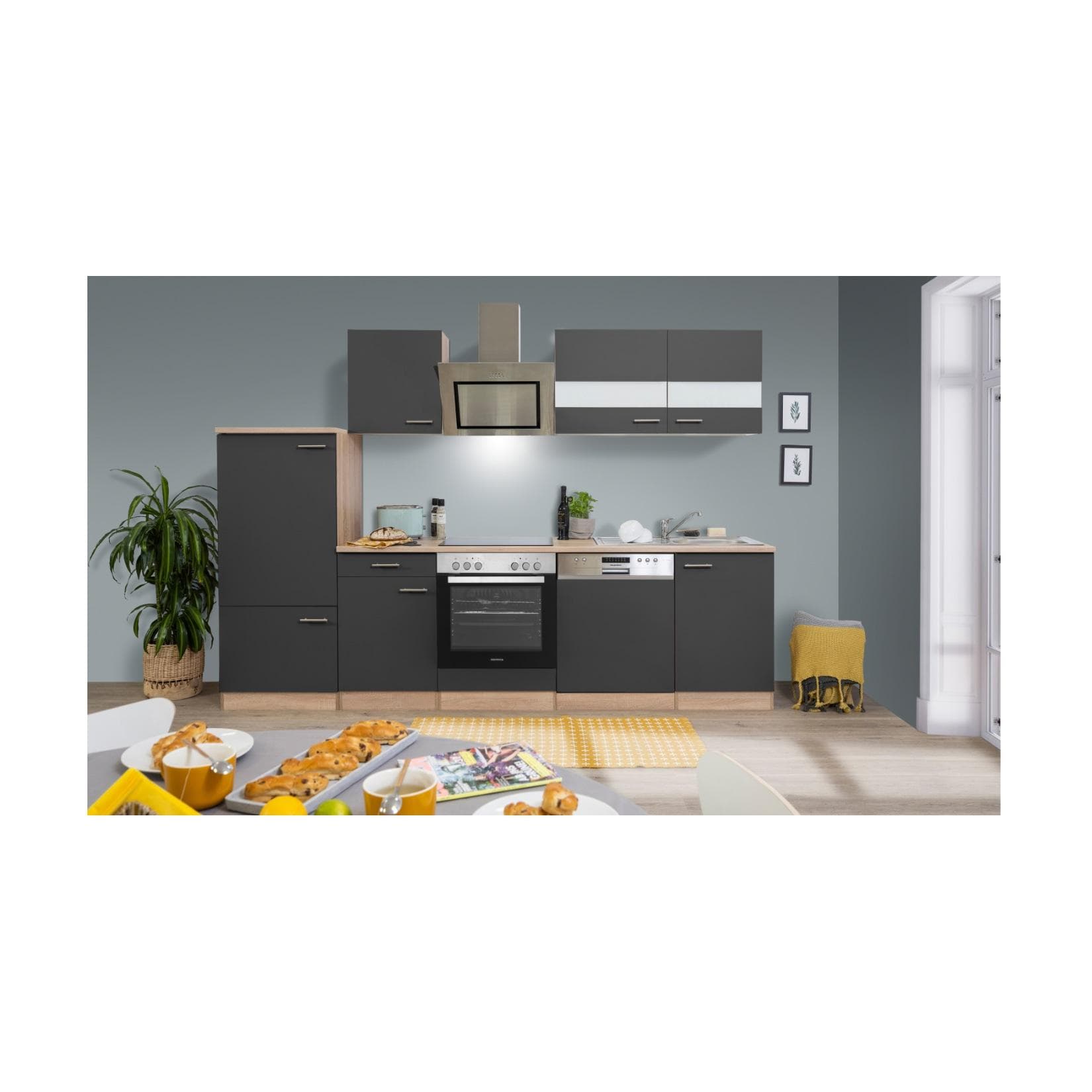 Respekta Küchenzeile 280 cm mit Kühlschrank und Geschirrspüler Grau