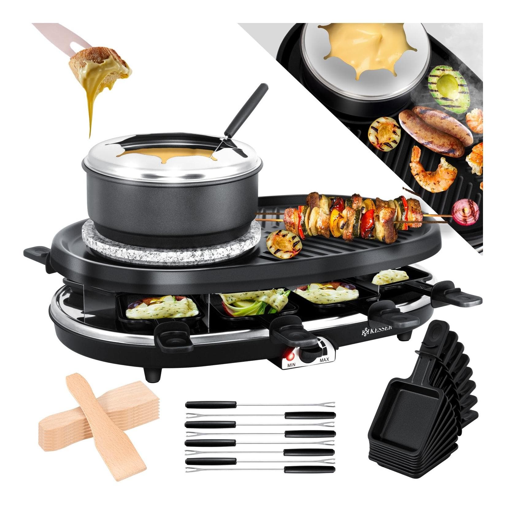 KESSER® 3in1 Raclette-Grill mit Naturgrillstein, Grillplatte und Fondue, Tischgrill für 8 Personen, Elektrogrill Raclette Grill antihaftbeschichteter Grillplatte, 8 Pfannen und Holzspatel