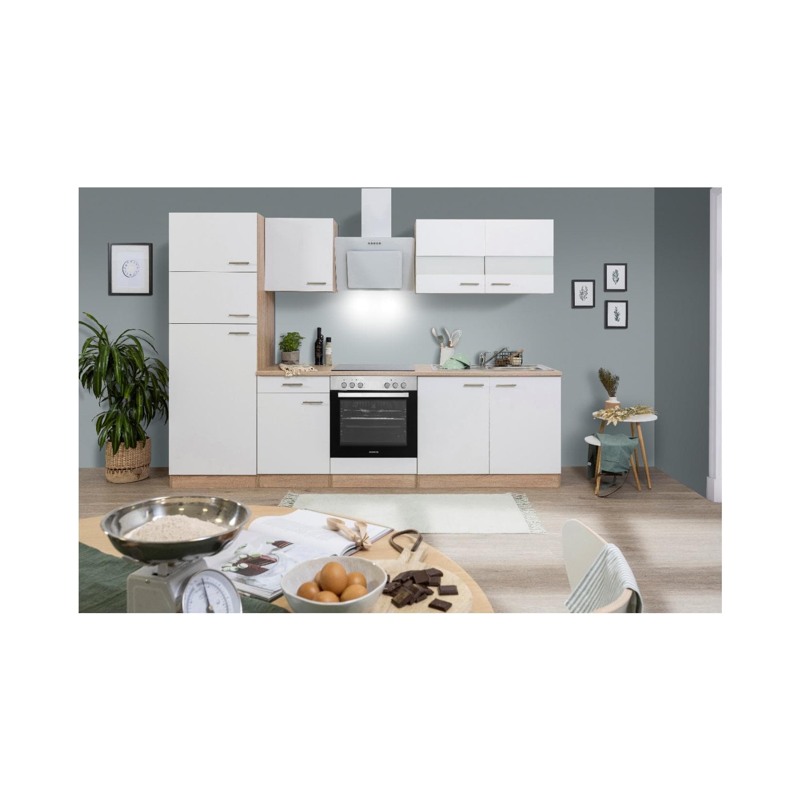 Respekta Küchenzeile 270 cm mit Kühlschrank Weiß