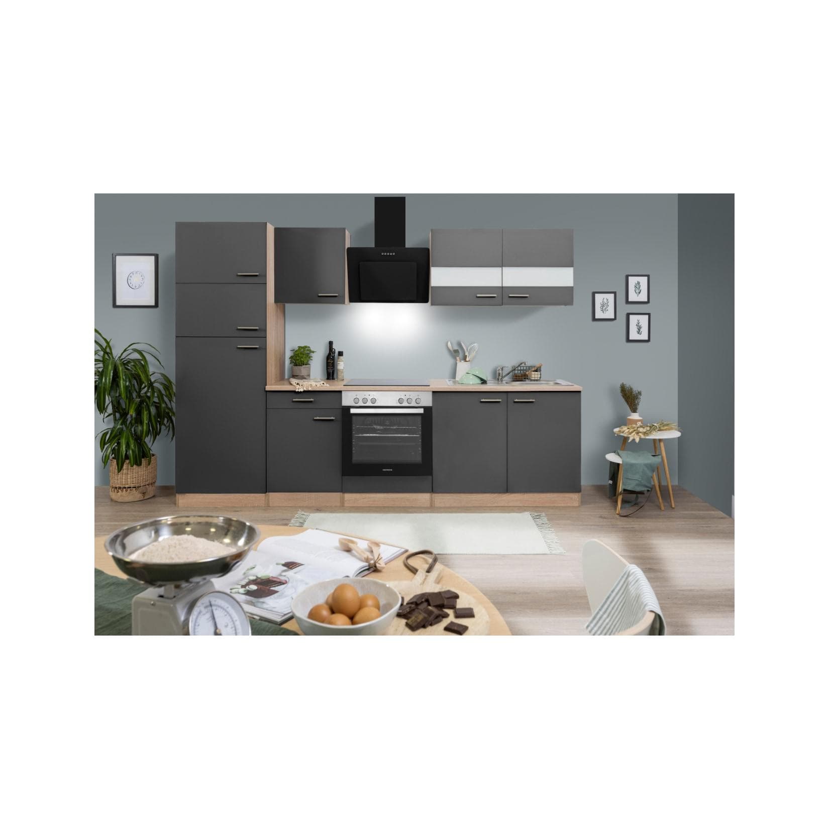 Respekta Küchenzeile 270 cm Grau mit Kühlschrank