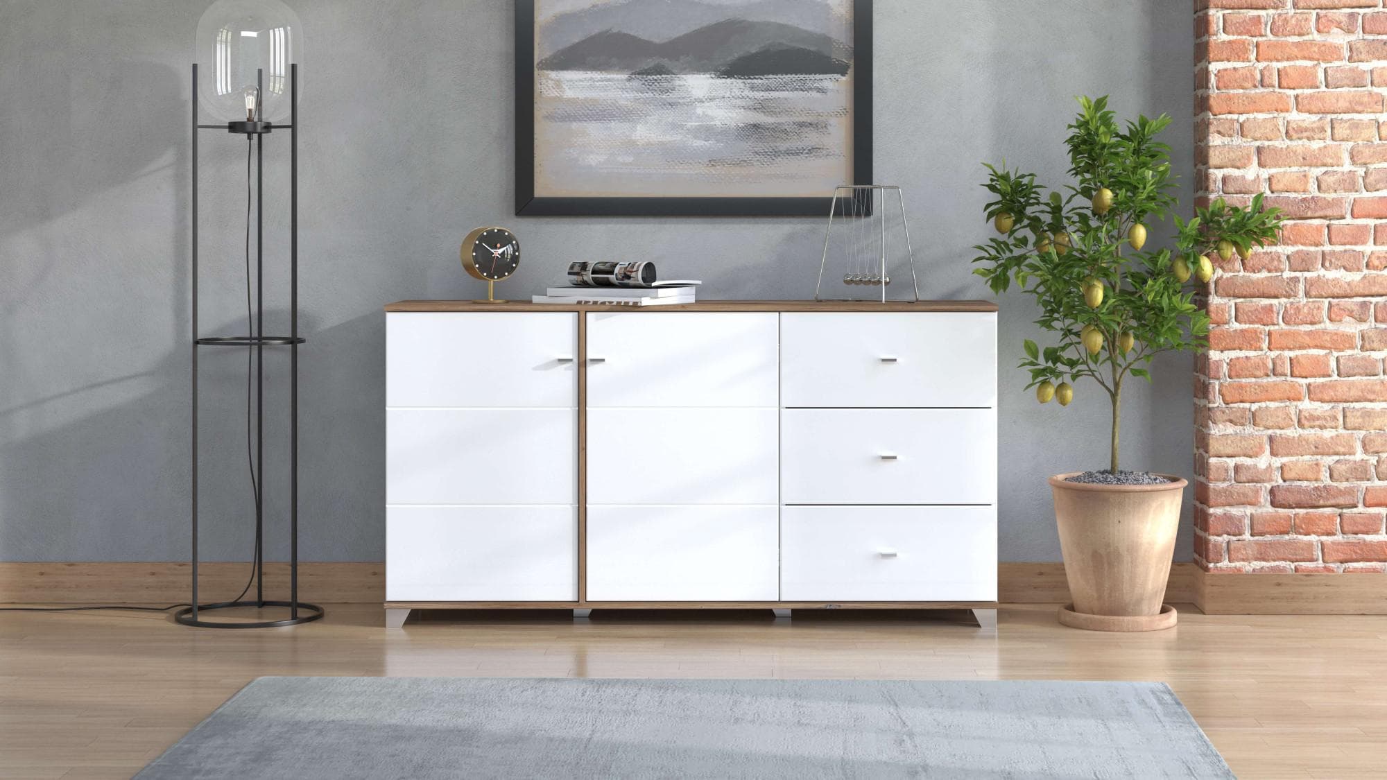 Kommode INOSIGN Burgundy Sideboard, Opaque Weiß, Flagstaff Eiche