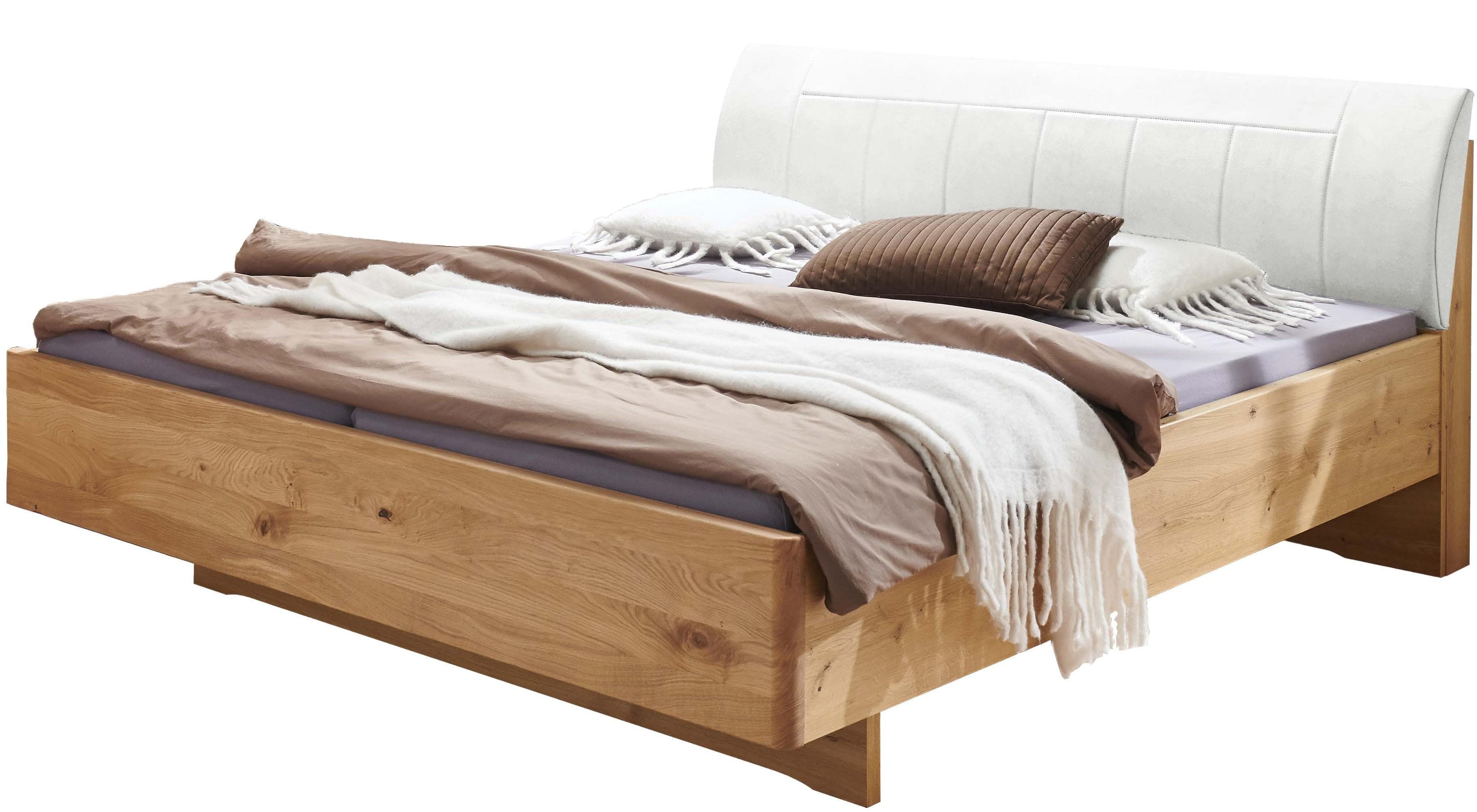 Modernes schwebendes Bett aus Massivholz und Kunstleder