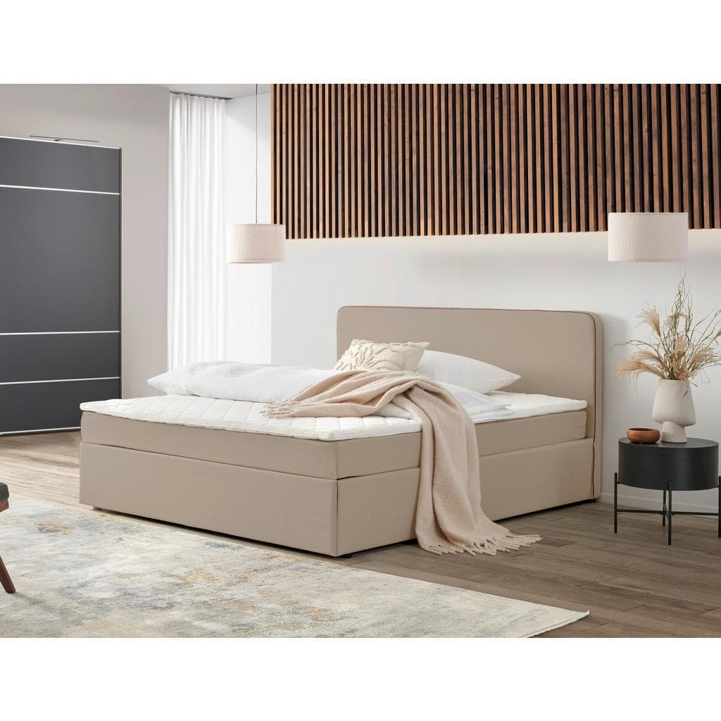 P & B Boxbett Beige mit Topper und gepolstertem Kopfteil