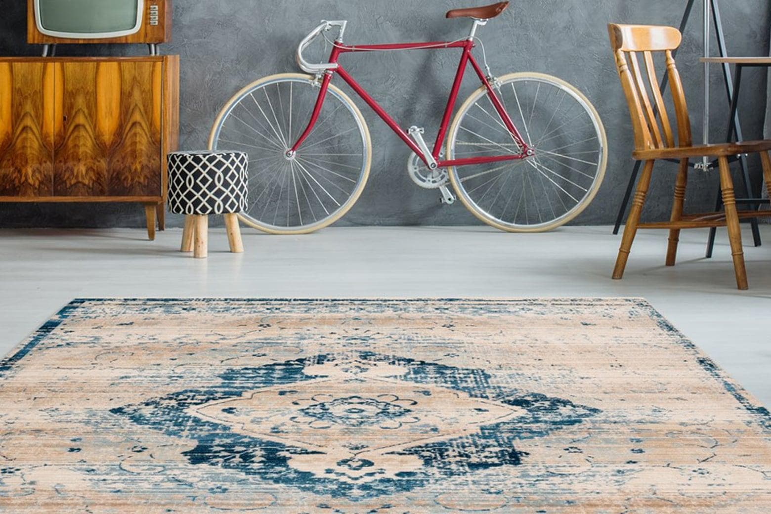 Vintage Teppich in Beige, Creme und Blau