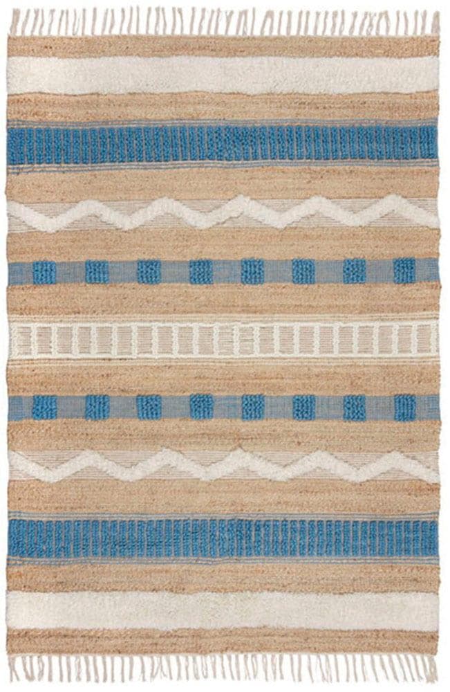 FLAIR RUGS Medina Teppich Blau Abstraktes Streifenmuster Jute Wolle Baumwolle