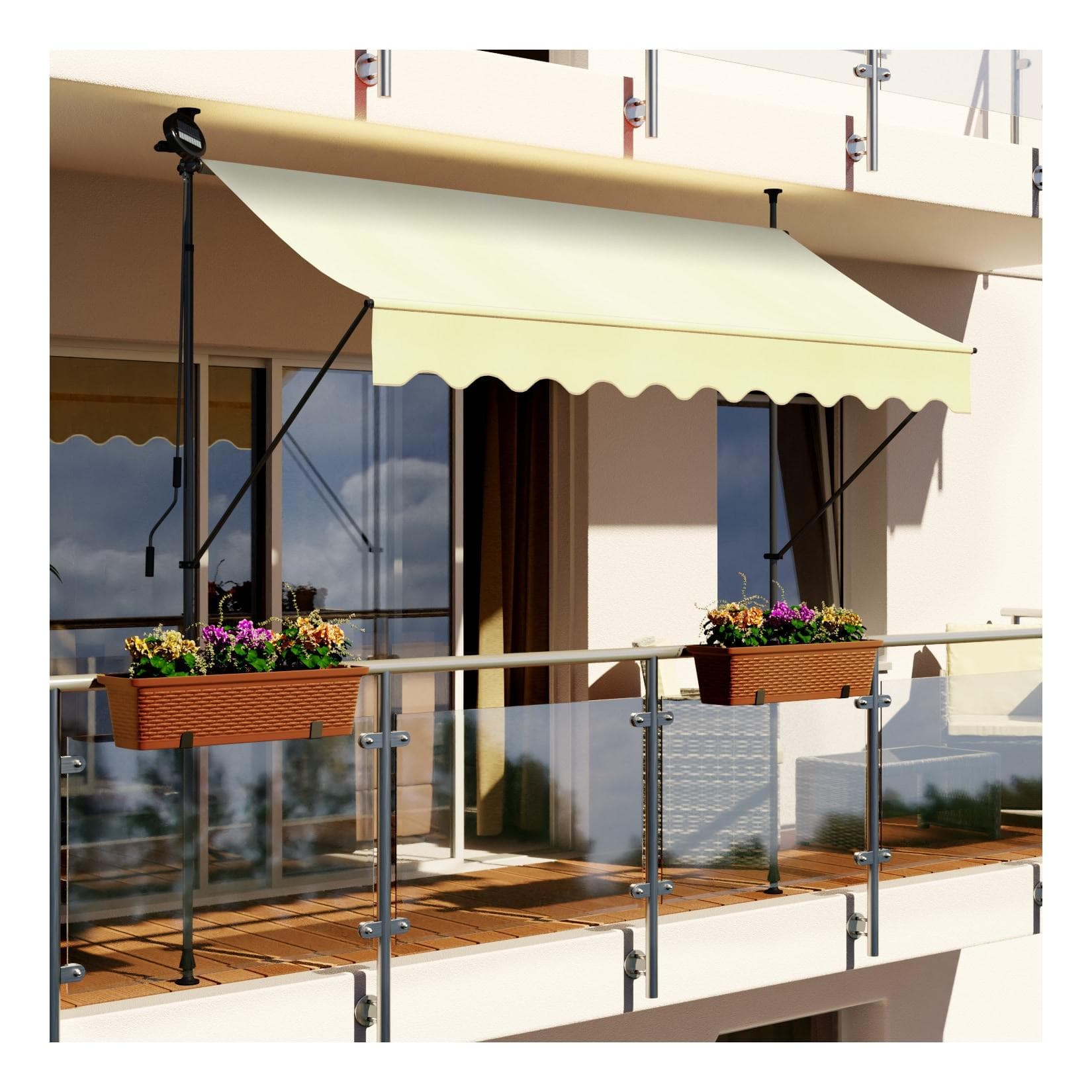 Swing&Harmonie LED - Markise mit Kurbel Klemmmarkise Balkonmarkise mit Beleuchtung und Solarmodul